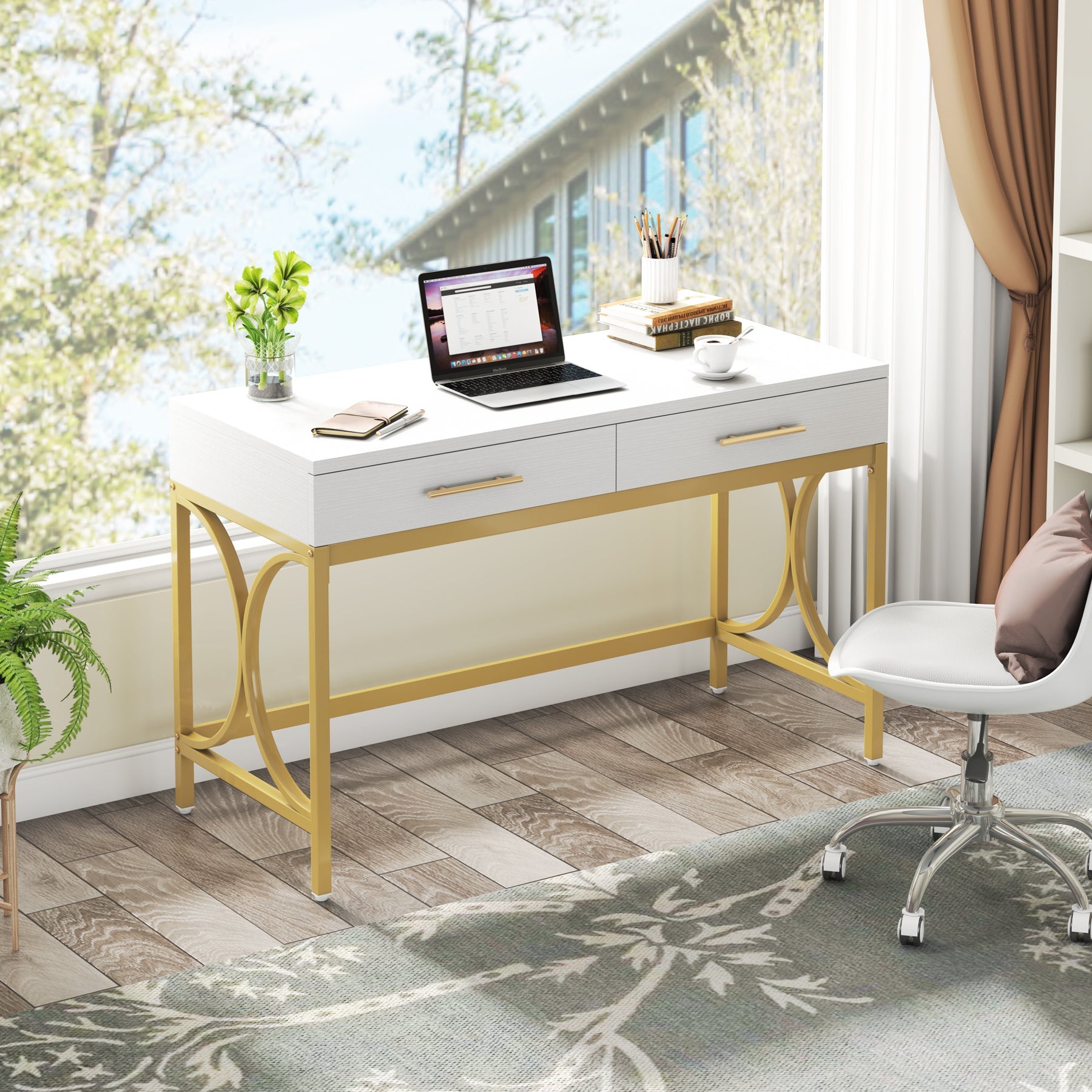 41 Inch Modern Computer Desk with 2 Drawers - Home Office Writing Desk for Small Spaces, Gaming & Study | Ergonomic Workstation for Remote Work & Online Classes