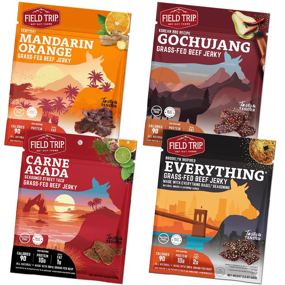 Field Trip Grass Fed Beef Jerky Variety Pack - 4 Pack of 2.2oz Bags | All Natural, Gluten Free, Paleo-Friendly, Nitrate-Free, Low Carb & High Protein Healthy Meat Snacks | Perfect for Hiking, Camping, Road Trips & Office Snacking