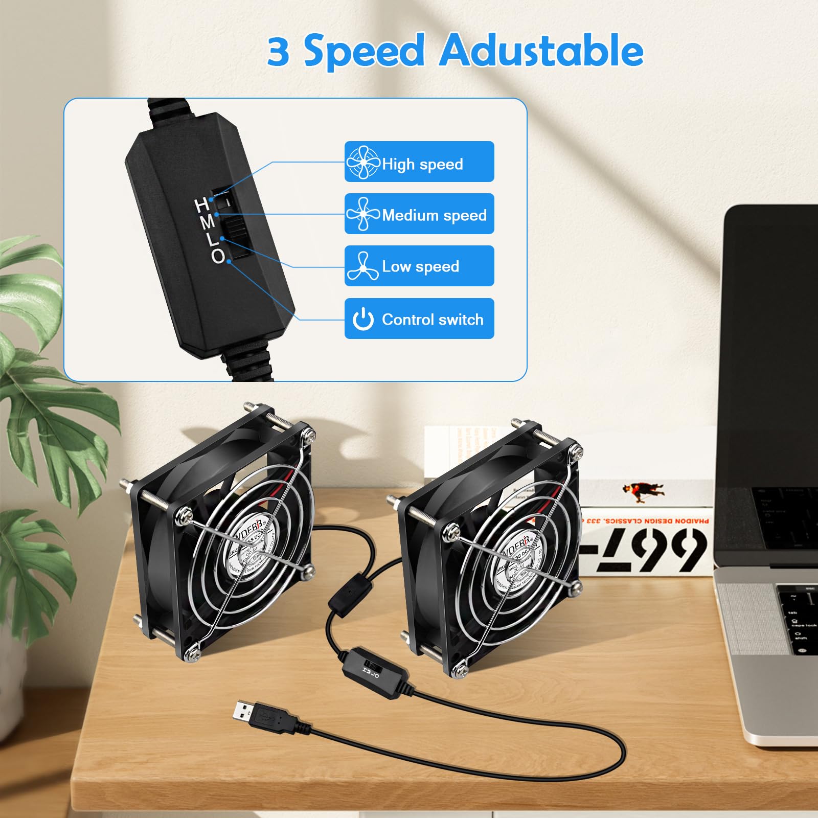 80mm USB PC Case Cooling Fan - Quiet 5V with Speed Controller (2-Pack) for Gaming & Office Desktops