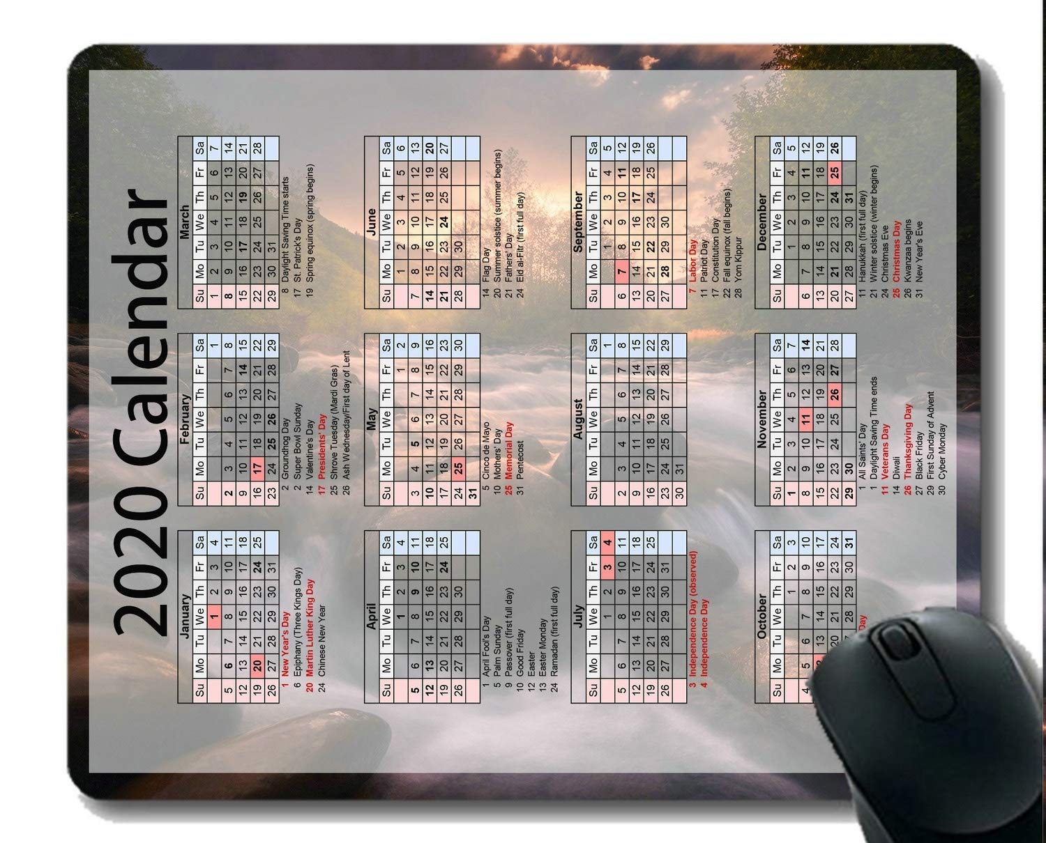 2020 Calendar with Important Holidays - Large Extended Gaming Mouse Pad with Non-Slip Rubber Base - Perfect for Office, Home & Gaming Setup (Natural River Design)