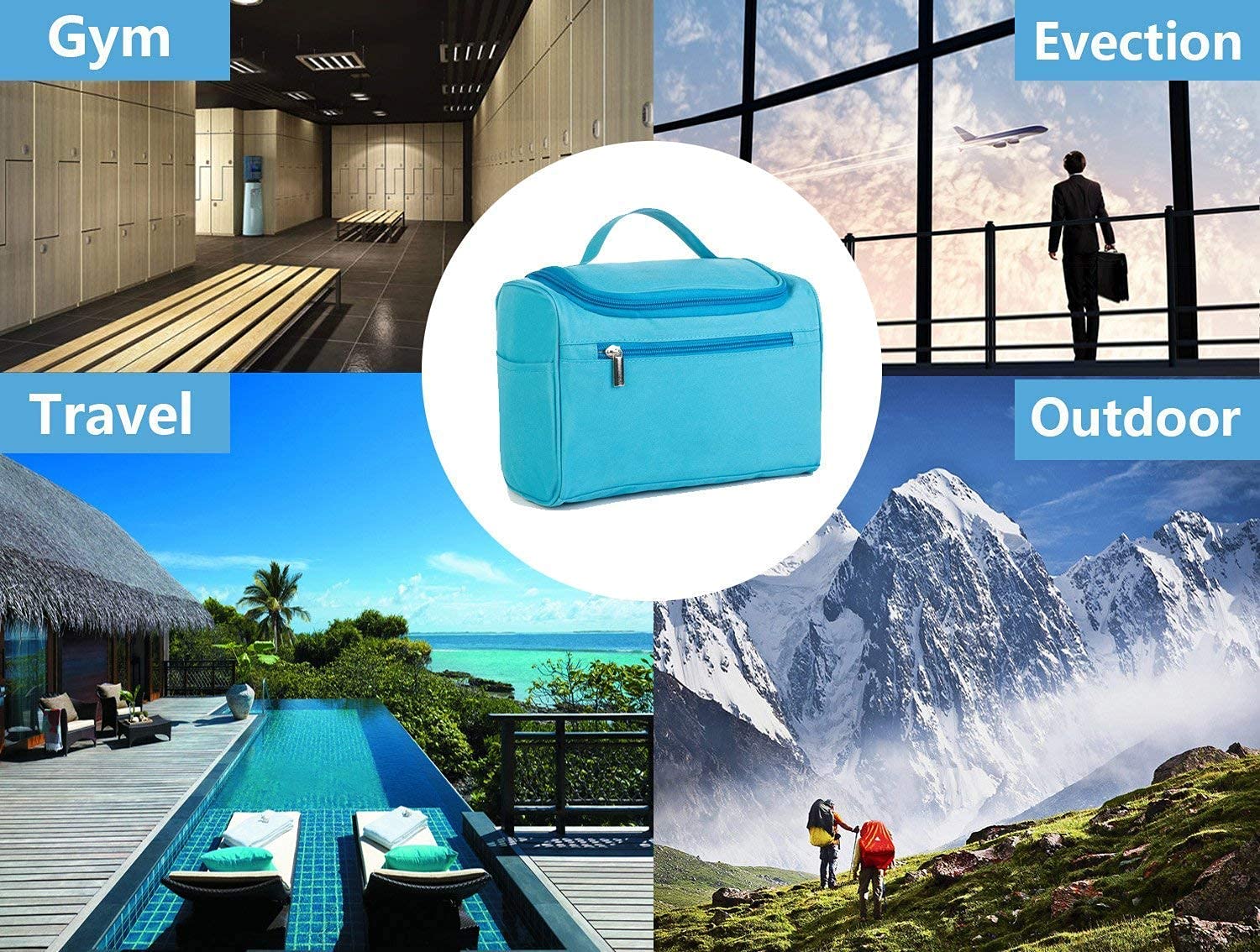 ONPRIX Travel Toiletry Bag with Hook - Waterproof Cosmetic Organizer for Women & Men, Portable Makeup Case for Bathroom, Gym, Camping & Air Travel (Sky Blue)