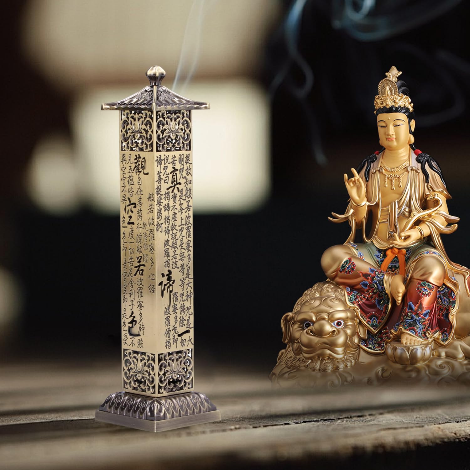 2.7×2.7×10.8 Inch Handcrafted Copper Incense Holder with Scripture Reliefs - Hollow Design Incense Burner & Catcher for Meditation, Yoga, and Tea Rooms - Perfect for Anxiety Relief and Relaxation