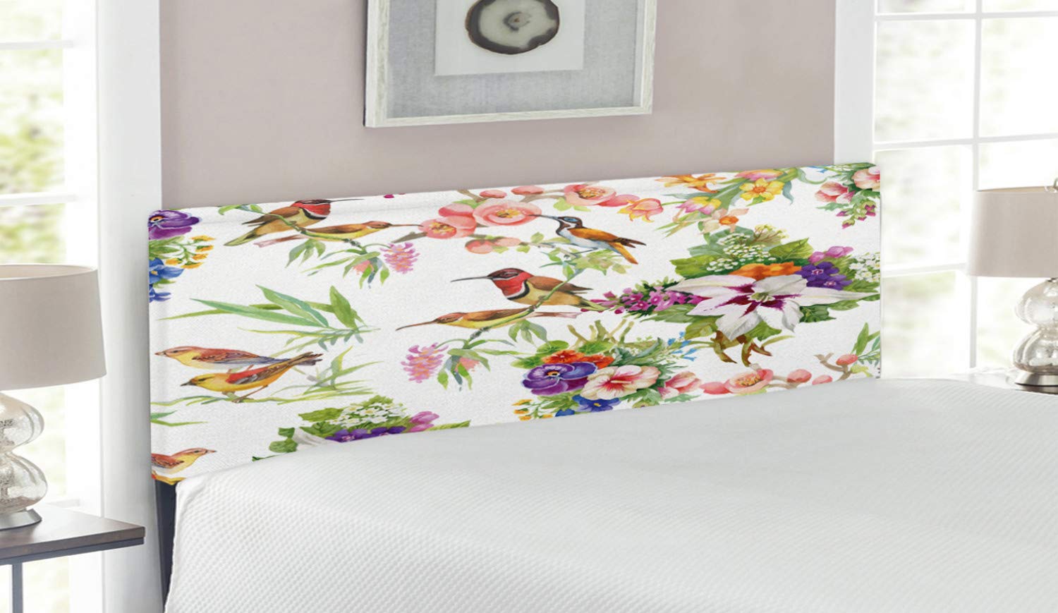 Ambesonne Floral Headboard - Queen Size Upholstered Metal Bed Frame with Memory Foam | Watercolor Wild Birds & Spring Flowers Botanical Art | Decorative Bedroom Furniture for Master Bedroom & Guest Room