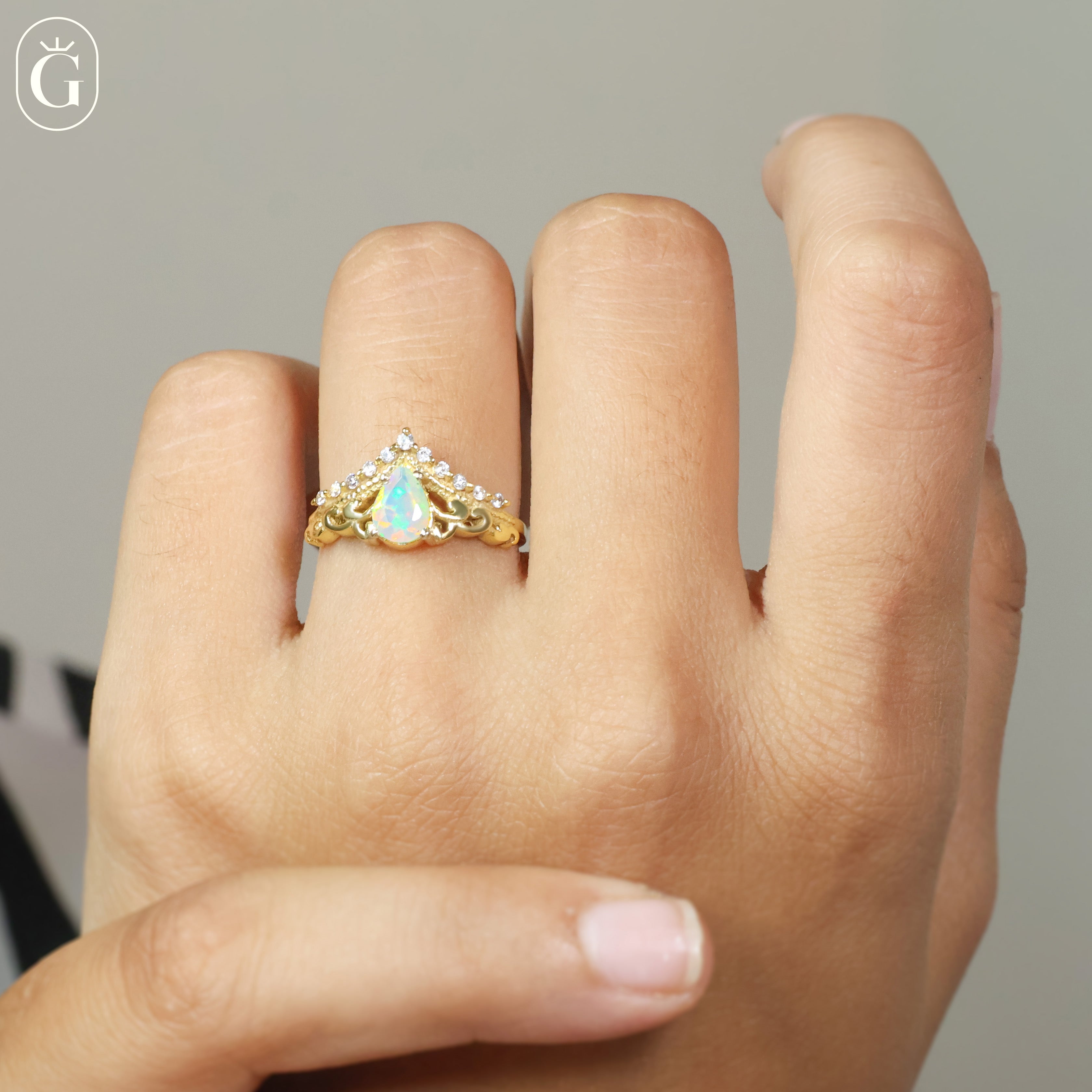 White Ethiopian Opal Gemstone Crown Style Ring – Elegant Silver Jewelry for Women, Perfect for Weddings, Parties & Special Occasions