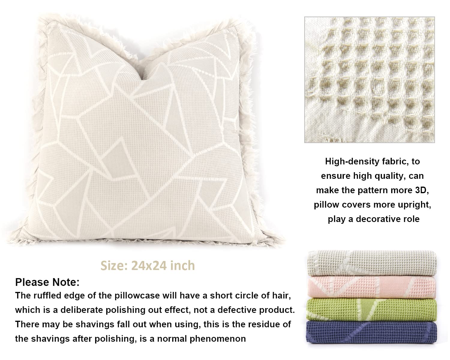 2 Pack 24x24 Inch Waffle Weave Throw Pillow Covers - Stone Washed Geometric Triangle Pattern Decorative Cushion Covers for Sofa, Couch, Bed & Car - Soft Euro Shams for Home Decor & Cozy Living Room Accents