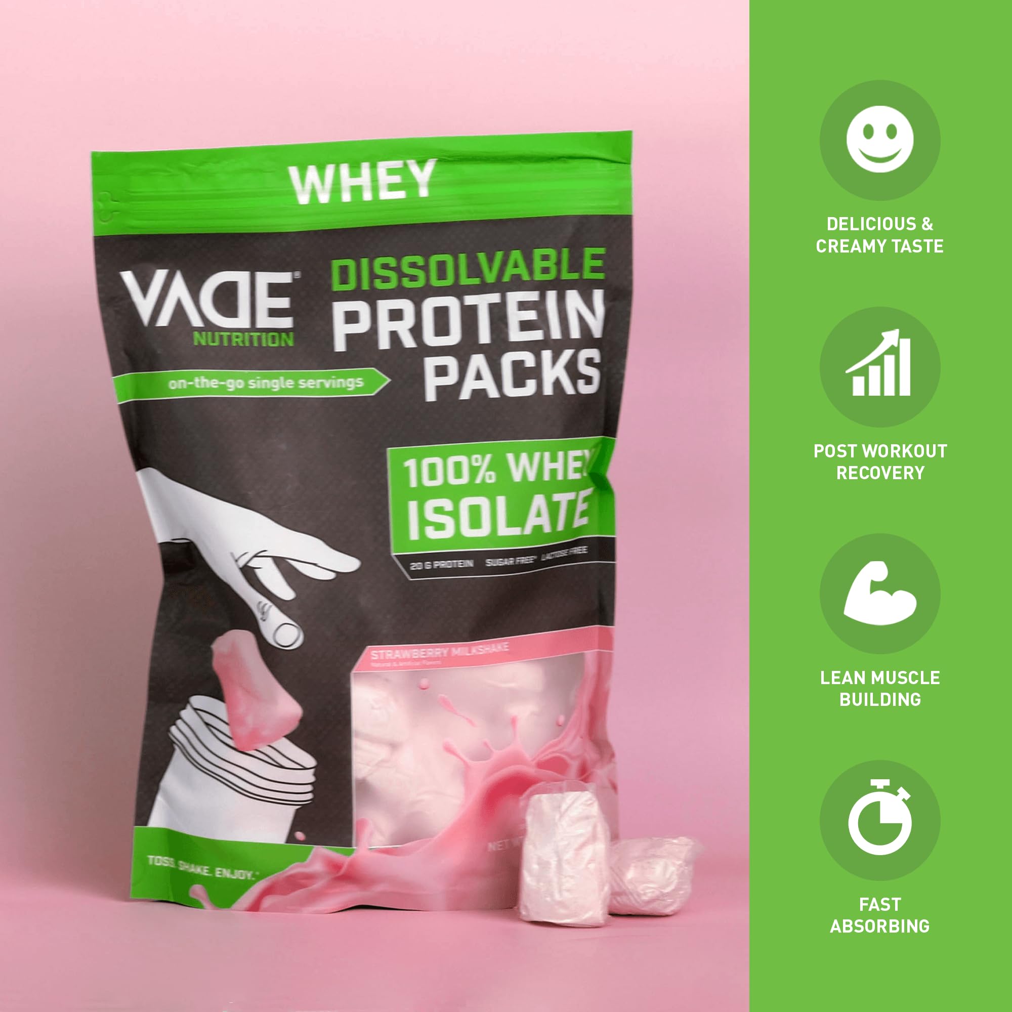 VADE Nutrition Dissolvable Protein Packs - Strawberry Milkshake Whey Isolate Protein Powder | Low Carb, Low Calorie, Lactose & Gluten Free, Fat & Sugar Free | 30 Servings for Gym, Workout Recovery & On-The-Go Nutrition