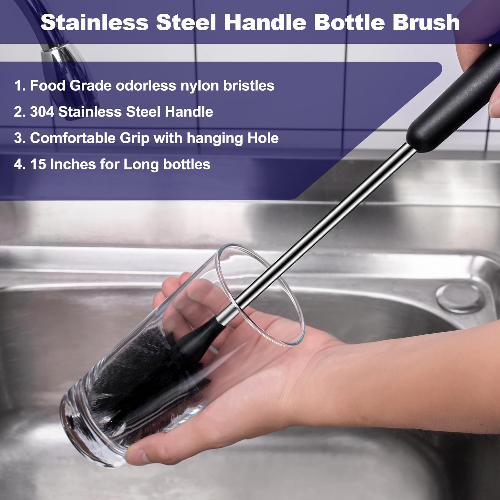 2-Pack Stainless Steel Long Handle Bottle Cleaning Brushes - Durable Scrub Brush for Baby Bottles, Sports Bottles, Coffee Mugs, Wine Decanters & Glassware - Perfect for Kitchen, Camping & Travel Use