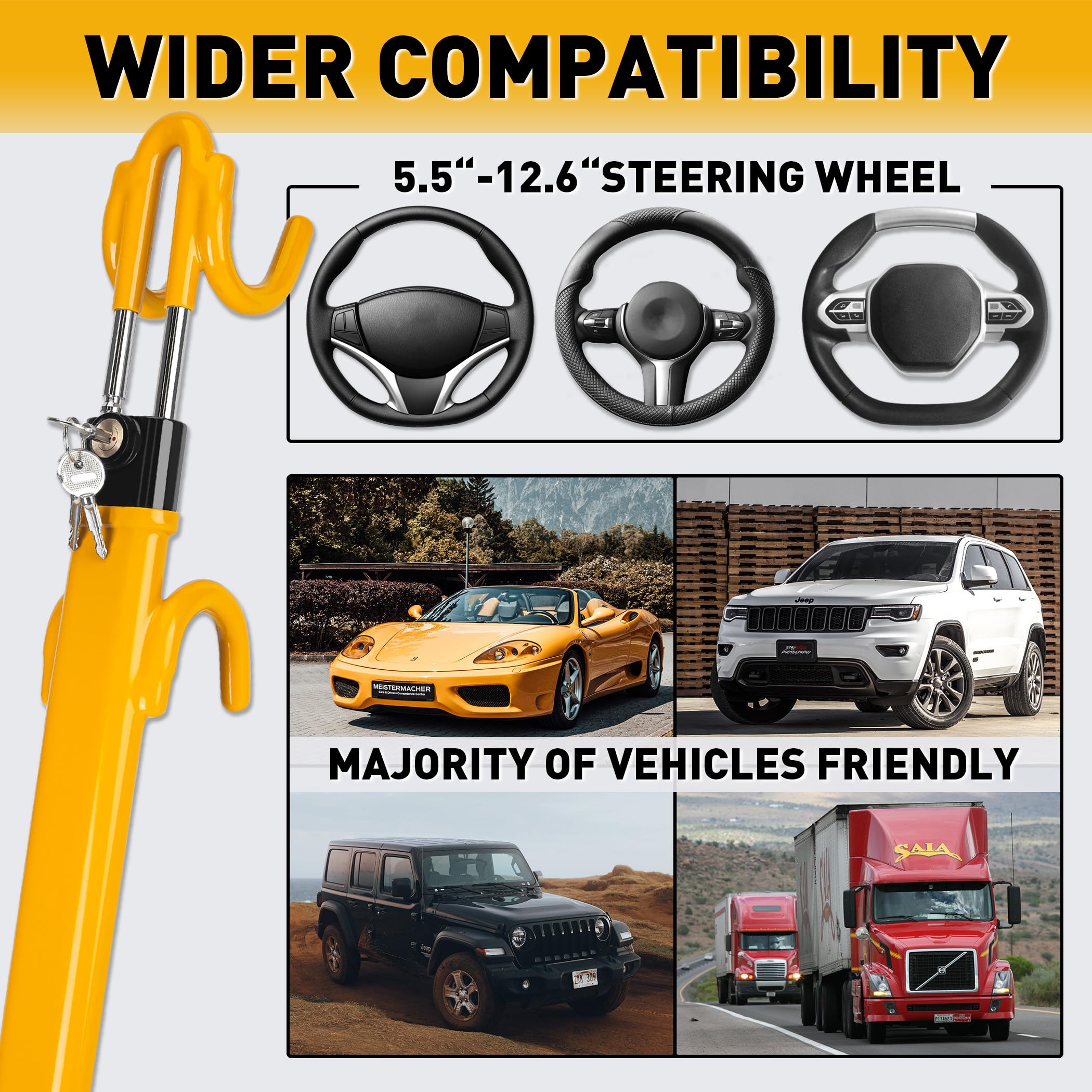 Heavy Duty Steering Wheel Lock Anti-Theft Car Security Device - Adjustable Universal Fit for Cars, Trucks, Vans & SUVs - Includes 3 Keys | Theft Deterrent for Parking Lots, Road Trips & Overnight Security