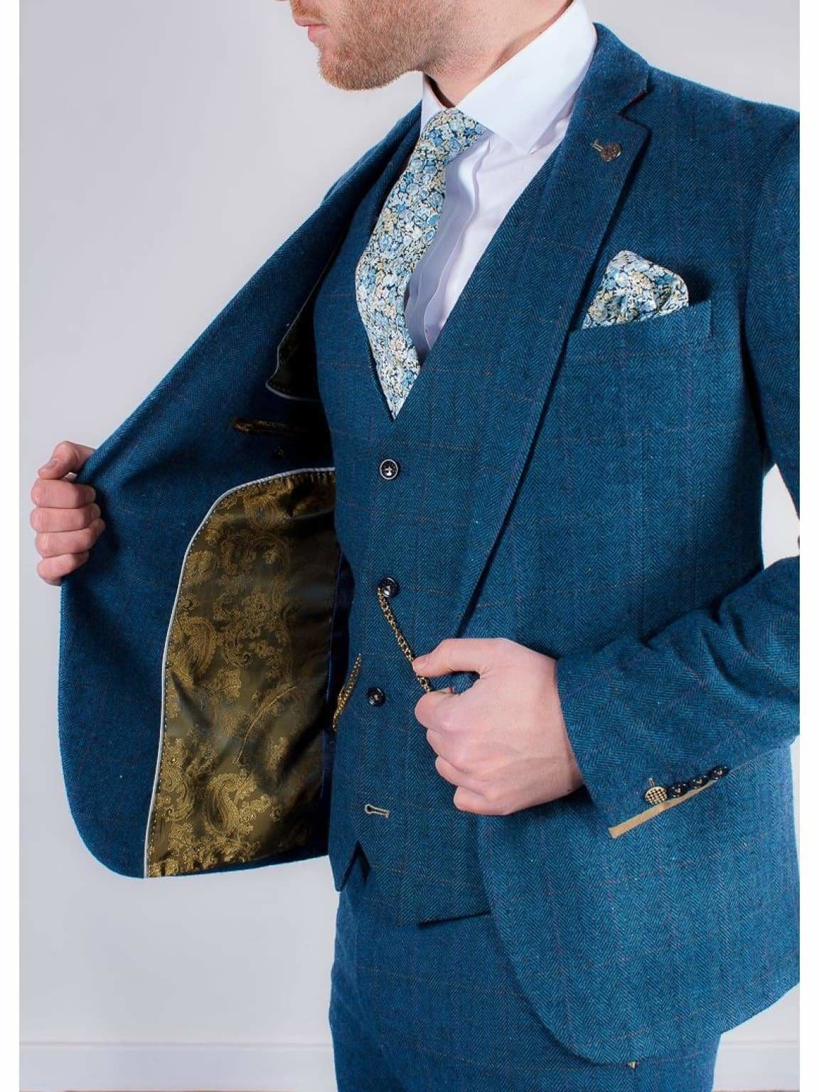 Marc Darcy Dion Men's 3 Piece Blue Tweed Suit - Classic Slim Fit Wedding Suit, Business Formal Attire for Office, Party & Special Occasions