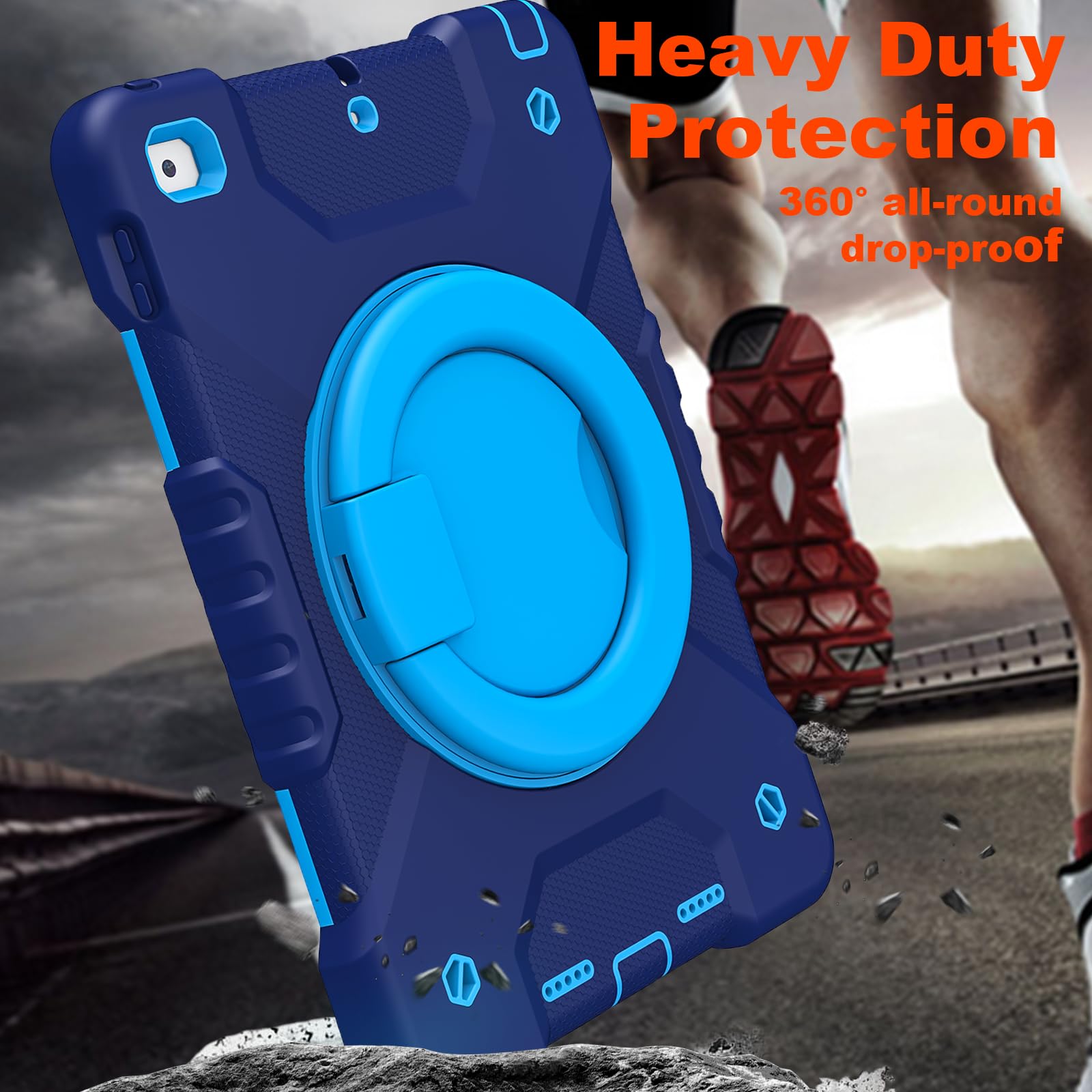 Premium Heavy Duty Protective Case for iPad 6th/5th Gen & Air 2/Pro 9.7 Inch (2017/2018) - Shockproof Cover with 360° Rotating Handle Stand, Shoulder Strap & Apple Pencil Holder (Navy+Blue) - Perfect for Travel, Work & School Use