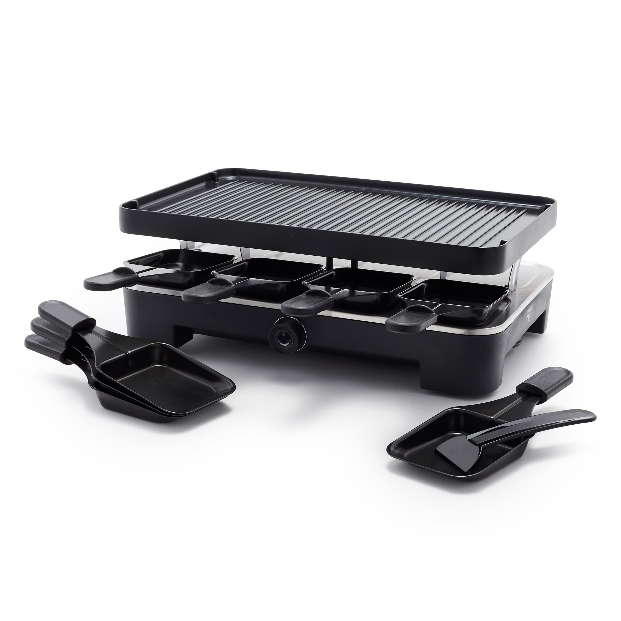 GreenLife Raclette Indoor Tabletop Grill - Healthy Ceramic Nonstick 2-in-1 Grill & Griddle with 8 Square Pans, Adjustable Temp Control & Indicator Light | PFAS-Free Black Electric Grill for Family Gatherings, Dinner Parties & Cozy Nights