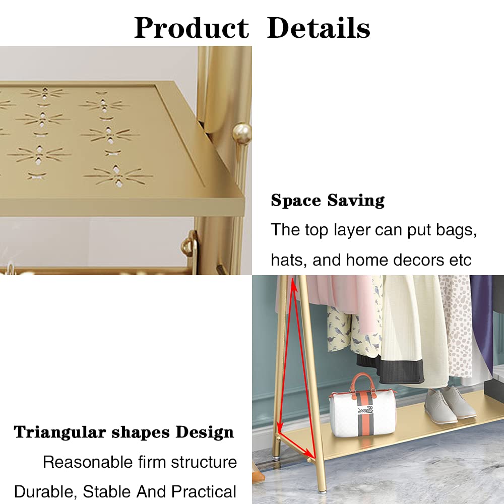MAIKAILUN Heavy Duty Freestanding Industrial Gold Clothes Rack with Double Shelves - 47 Inch Movable Coat Rack for Organizing Clothes, Shoes, Jackets - Perfect for Bedroom, Closet, Laundry Room or Retail Store Display
