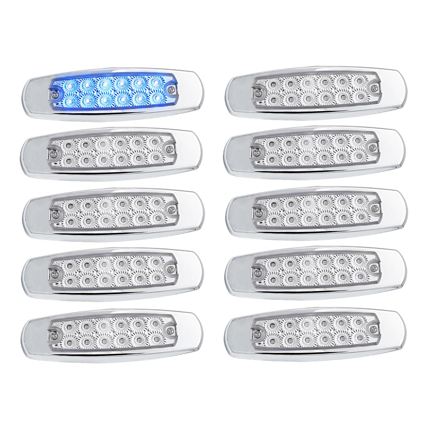 Meerkatt 6.4 Inch Side Marker Lights - Fish Shape Clearance Lamps with Chrome Bezel, 12 LED 12V DC Waterproof Blue Lights for Trailers, RVs, Trucks (Pack of 20) - Perfect for Nighttime Visibility & Vehicle Safety