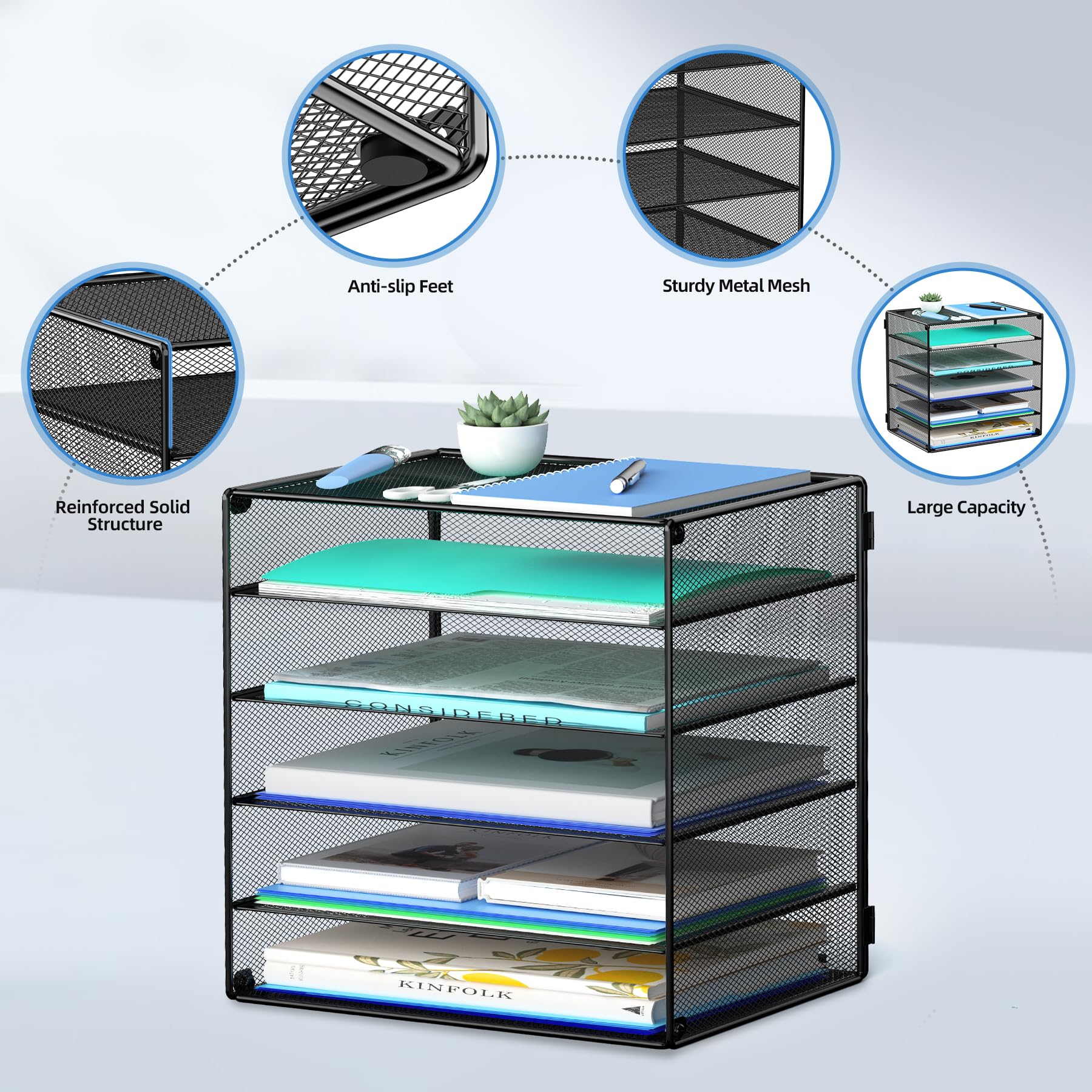 6 Tier Metal Desk Organizer - Black Paper Tray & File Holder for Office, School, Home | Workspace Storage Solution for Documents, Folders, Mail | Perfect for Clutter-Free Desk Organization