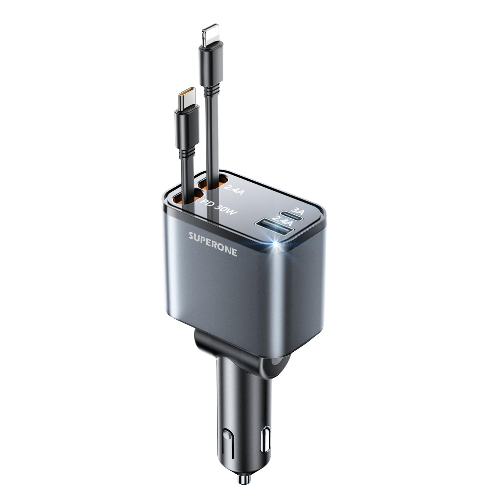 SUPERONE 69W Retractable Car Charger 4-in-1 Fast Charging Adapter with USB-C & Lightning Cables - Compatible with iPhone 15/14/13/12, Samsung Galaxy, iPad - Perfect for Road Trips & Daily Commutes