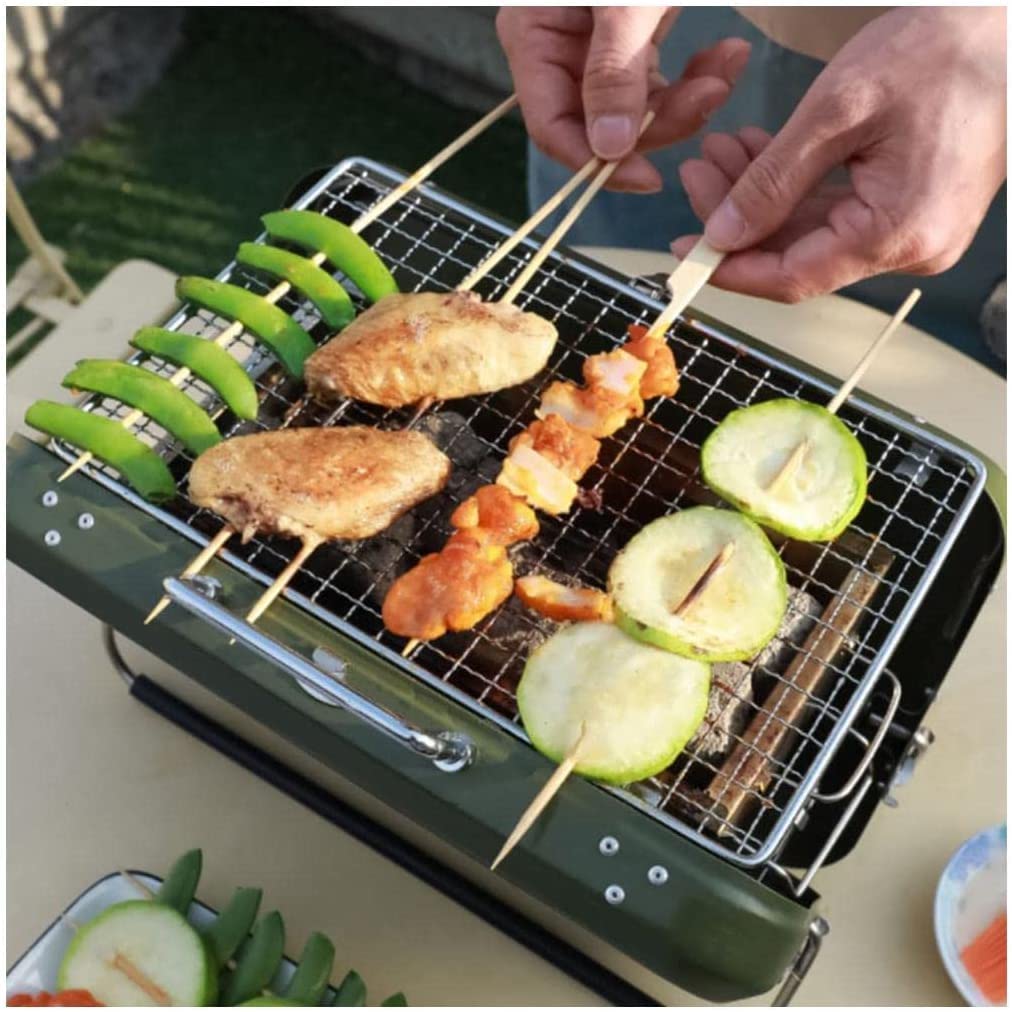 Portable Charcoal BBQ Grill - Small Cast Iron Outdoor Grill with Stainless Steel & Convenient Handle - Perfect for Camping, Picnics, Backyard Cookouts (Green)