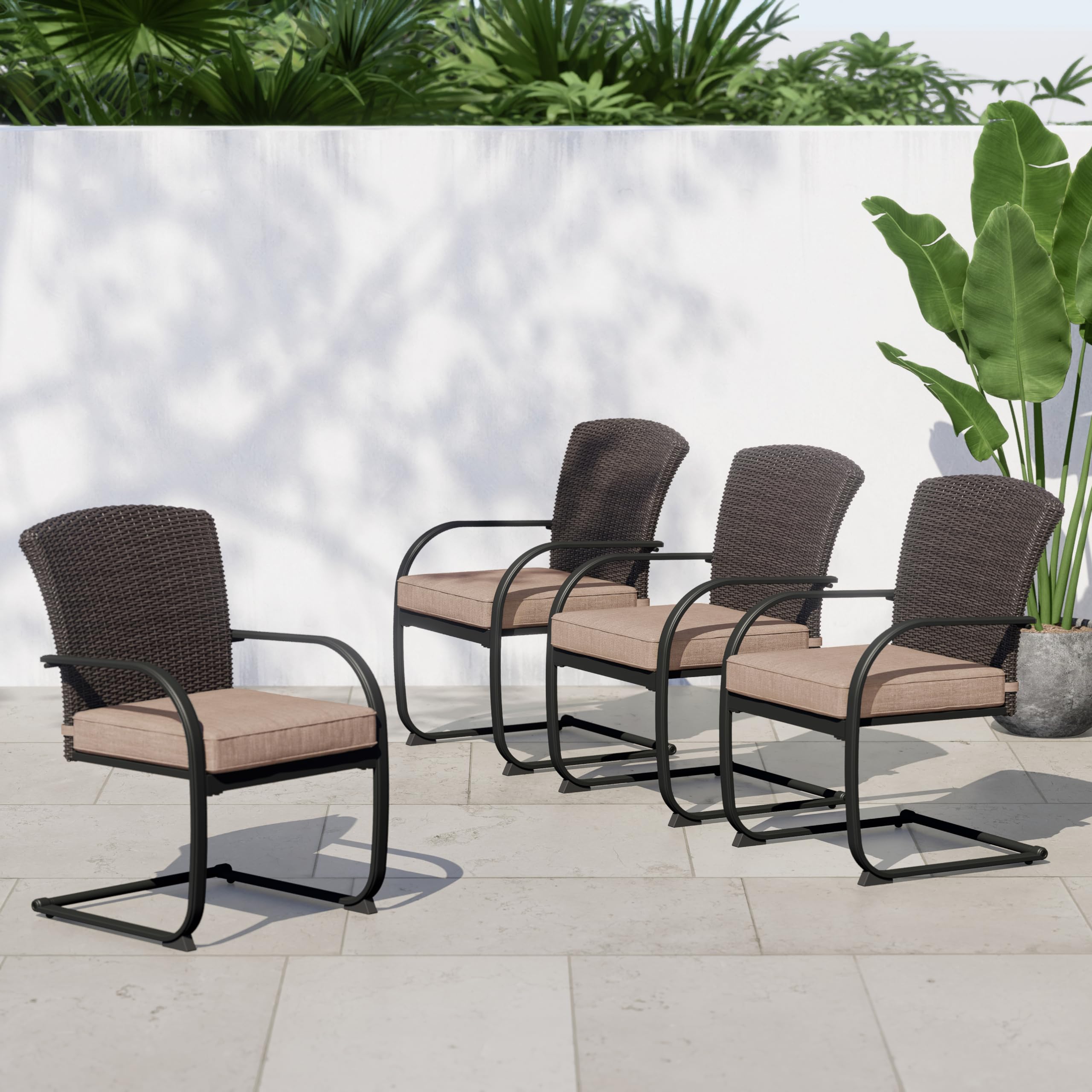 4-Piece Grand Patio Outdoor Metal Dining Chairs Set - C-Spring Motion Wicker Chairs with Comfortable Seat Cushions for Lawn, Garden, Backyard & Deck - Beige - Perfect for Outdoor Dining, Entertaining & Relaxation