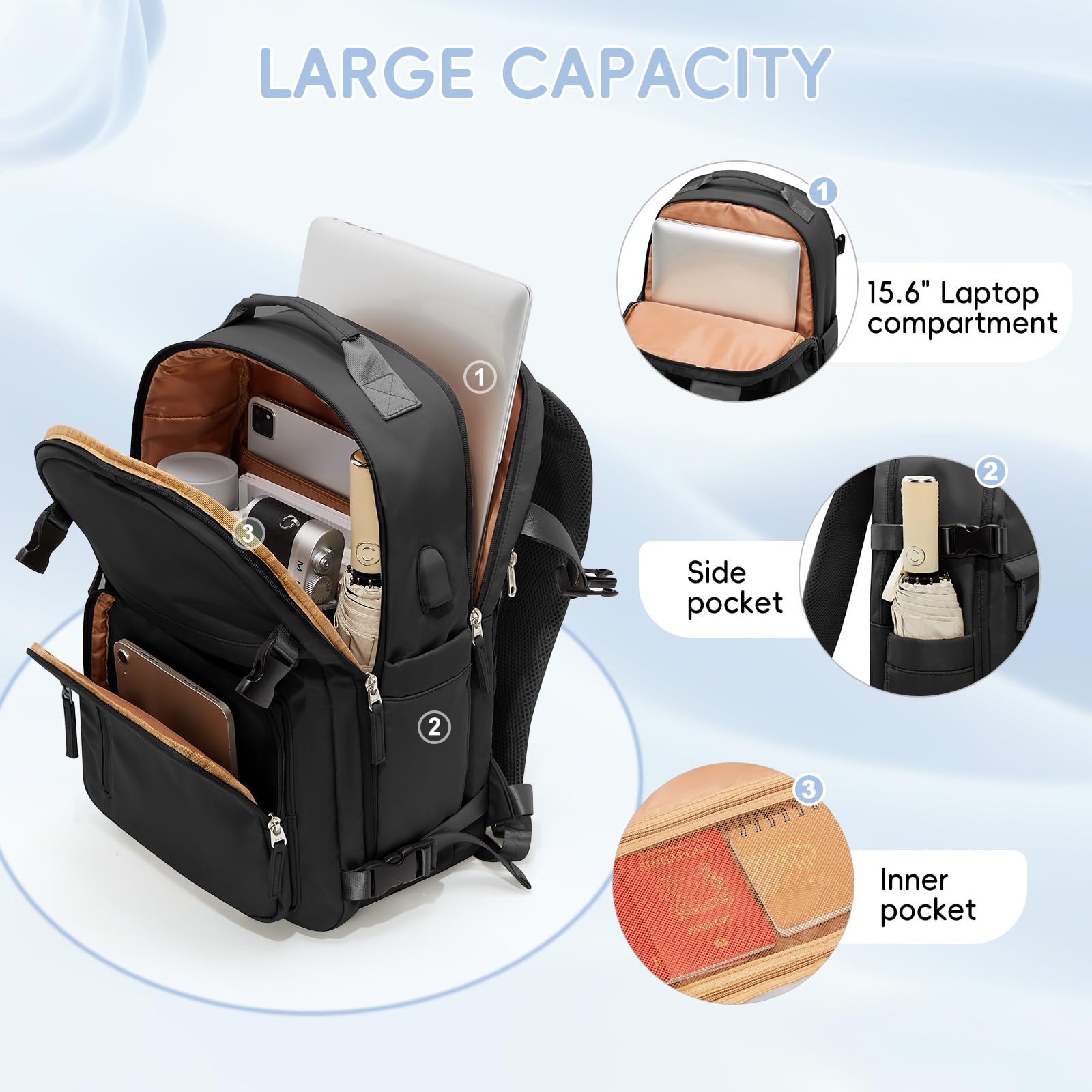Large Travel Backpack for Women & Men - 18x14x8 Inch Carry-On Flight Approved Backpack, Personal Item Bag for Air Travel, Hiking, Business Trips & Daily Commute