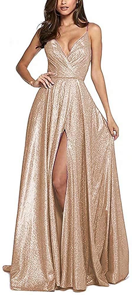 Yadressy Women's Long Glitter Prom Dress - V Neck Sleeveless Ball Gown A-Line Wedding Party Dress with Slit GY11 | Perfect for Homecoming, Prom Night, Formal Events & Evening Parties