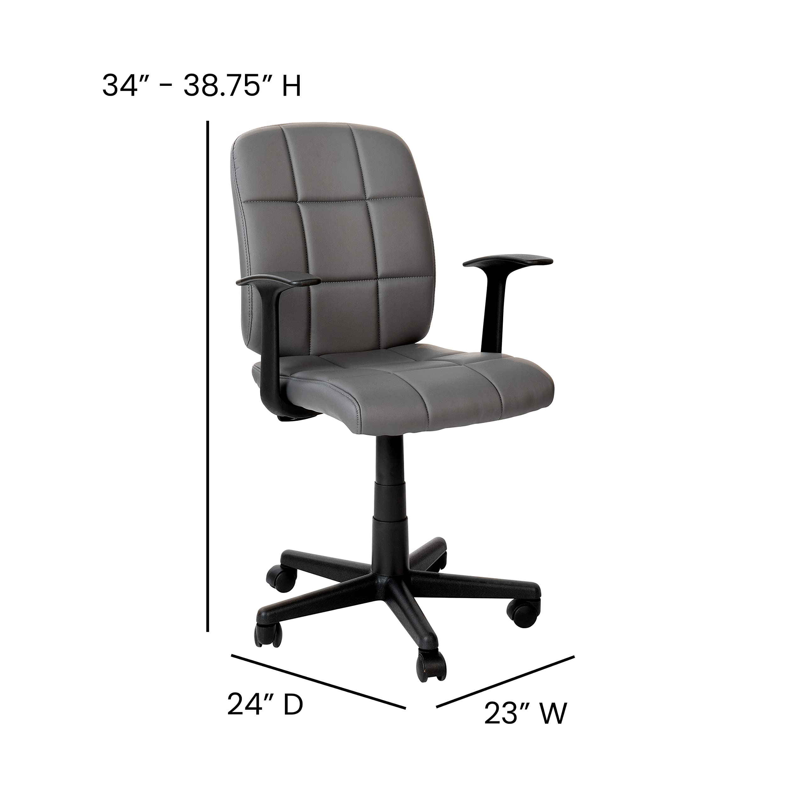 Ergonomic Mid Back Swivel Task Chair with Adjustable Arms - Gray Vinyl Upholstery, Tufted Back & 360° Rotation - Perfect for Office, Home Workspace & Gaming Setup