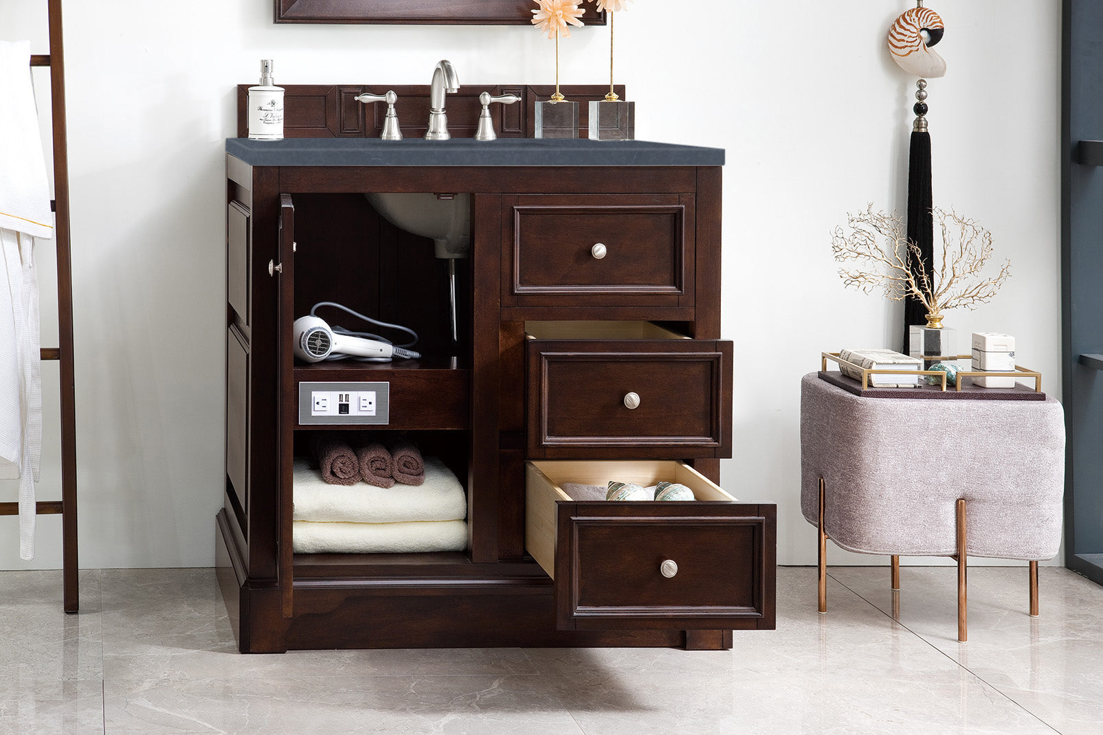 De Soto 36 Inch Single Bathroom Vanity with Burnished Mahogany Base & 3CM Charcoal Soapstone Quartz Countertop - Perfect for Modern Master Bath or Powder Room Renovation