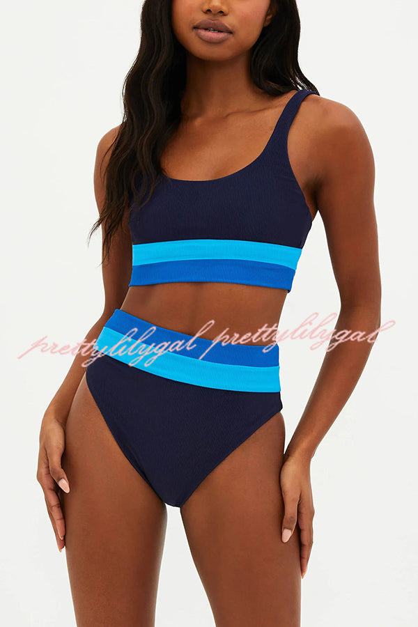 Zephyra Ribbed Color Block Tank High Rise Stretch Bikini Swimsuit for Women - Sexy Summer Beachwear, Pool Party & Vacation Swimwear