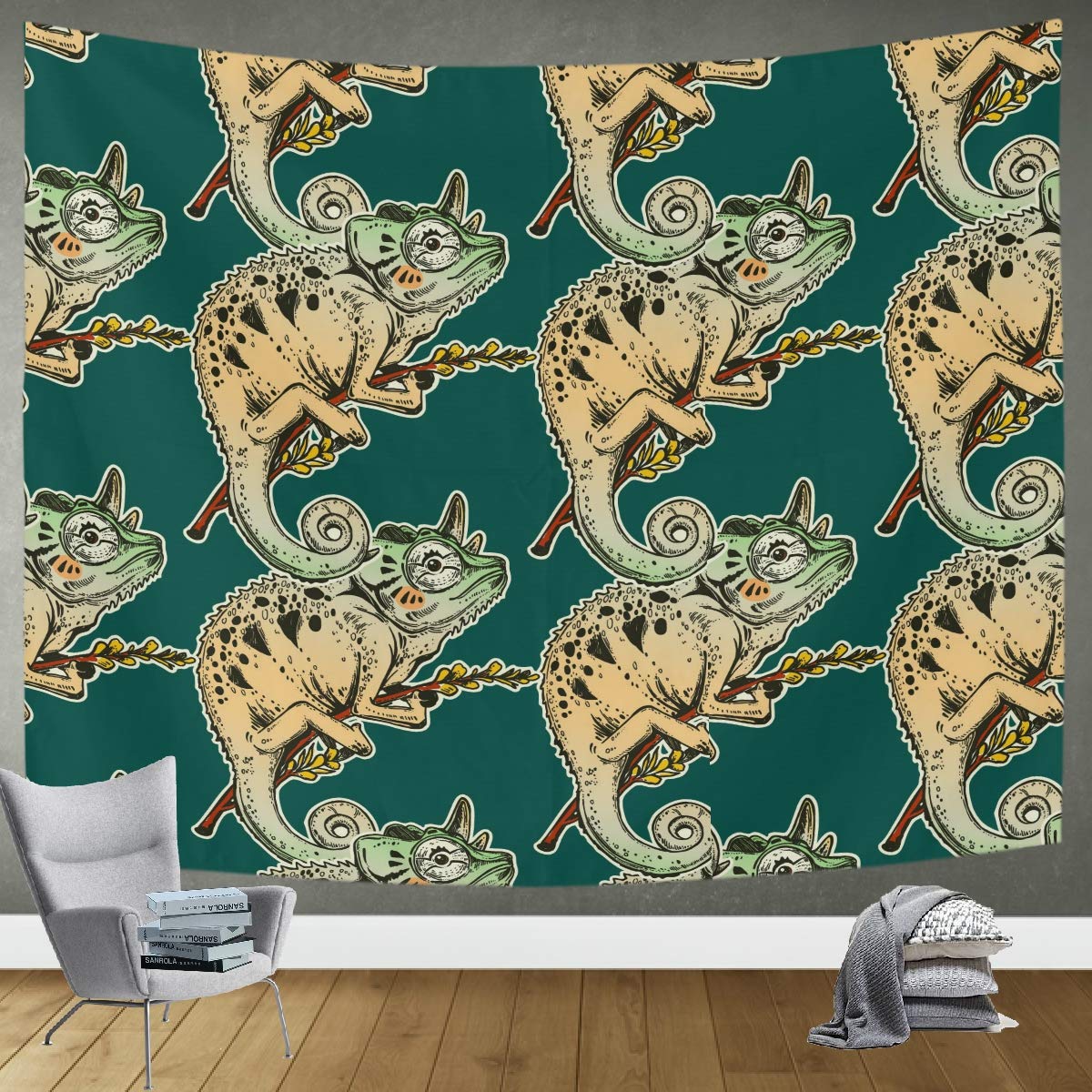 DOMIKING Chameleon Lizard Wall Tapestry - Trippy Hippie Boho Wall Art Decor 80x60 Inches for Bedroom, Living Room, Dorm | Perfect for Psychedelic Room Decor & Festival Themed Spaces