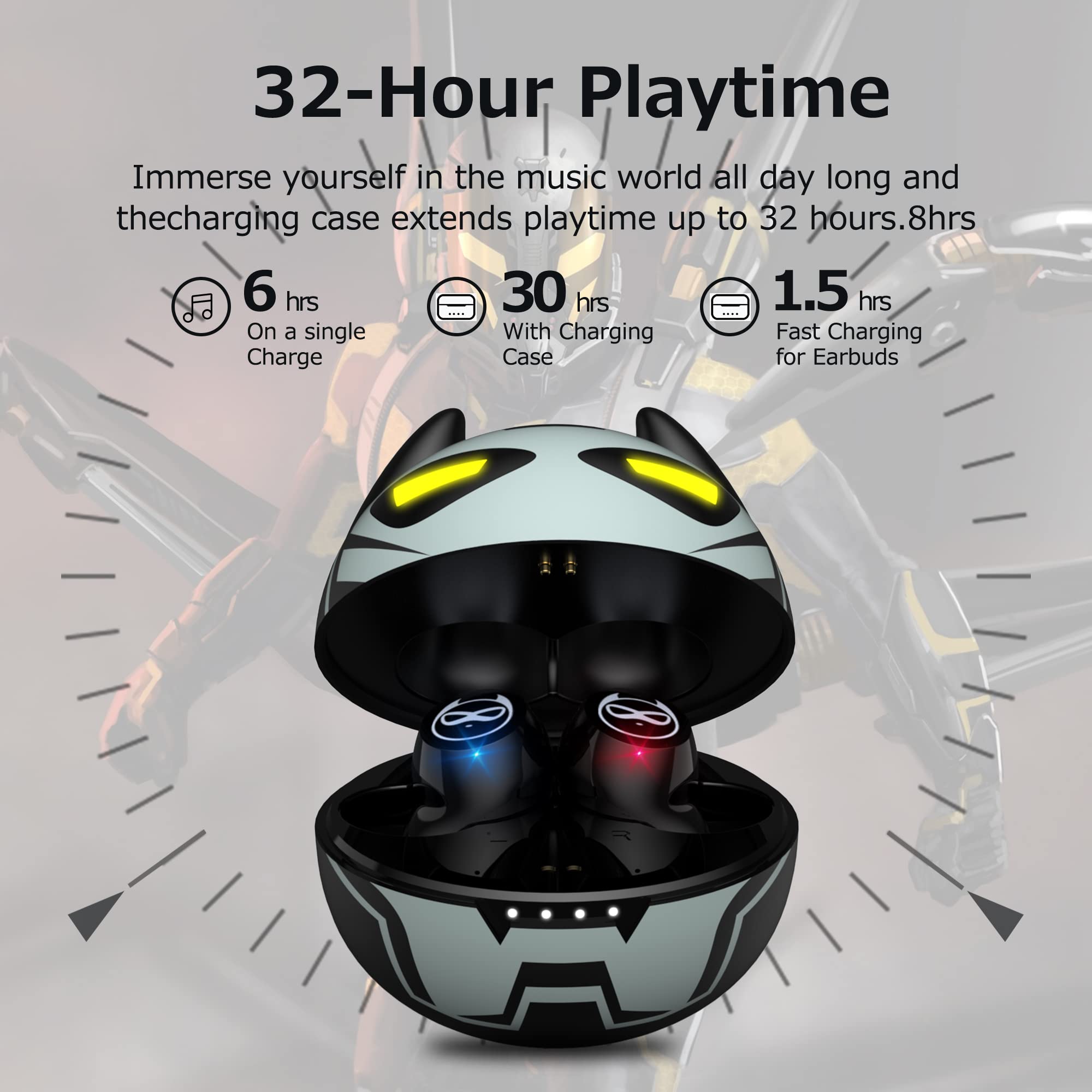 Small Wireless Earbuds with Touch Control & Stereo Sound - Bluetooth 5.3 Noise Cancelling Earphones with Cute Blinking Eyes Iron Man Charging Case | Perfect for Running, Gym & Commuting