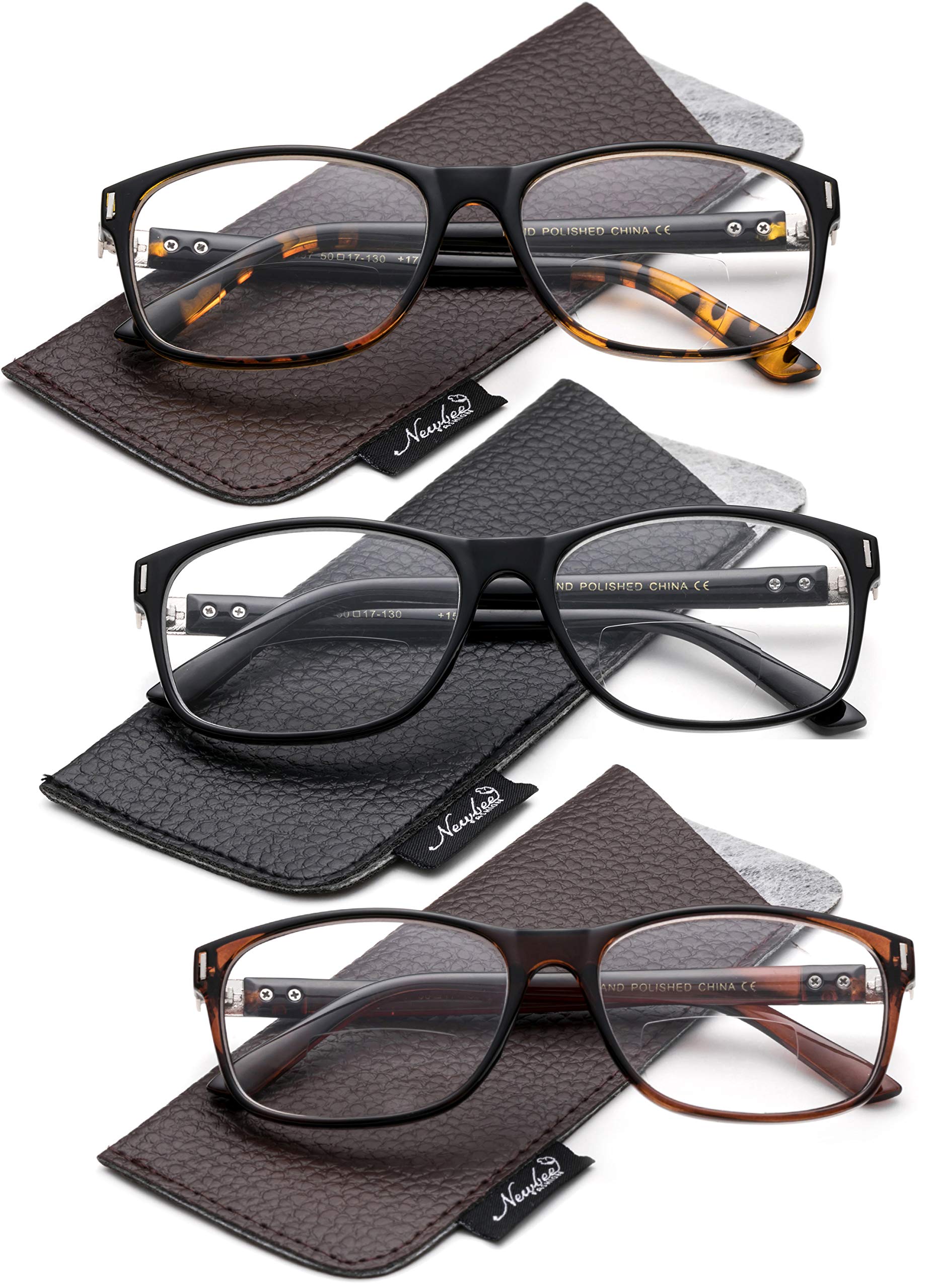 3-Pack Unisex Bifocal Reading Glasses 1.00 Strength - Rectangle Frame with Protective Pouches - Perfect for Reading, Crafts & Close-Up Work