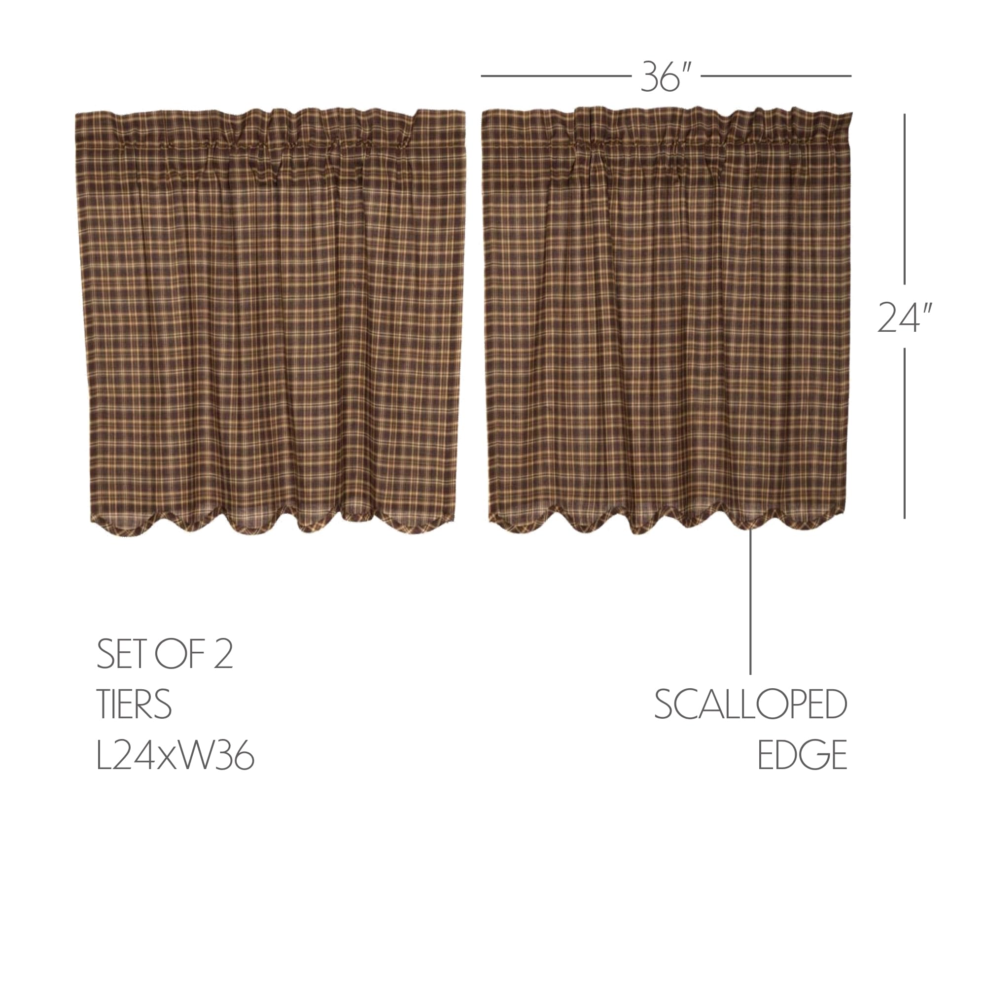 VHC Brands Prescott Rustic 24x36 Inch Brown Plaid Cotton Rod Pocket Kitchen Window Curtains Pair - Farmhouse Style for Living Room, Bedroom & Dining Room Decor