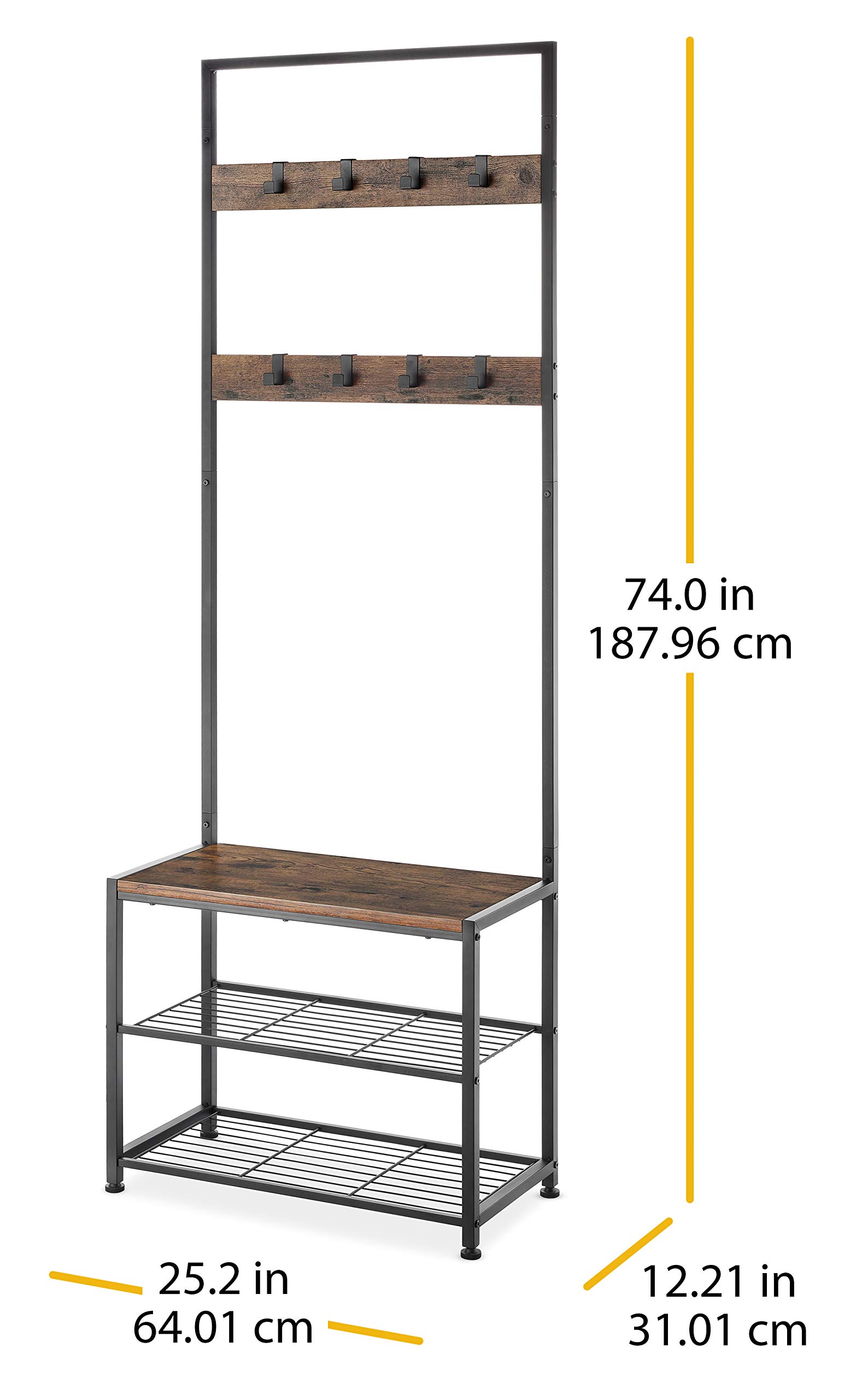 Whitmor Modern Industrial Coat Rack with Shoe Storage - Rustic Brown Hall Tree for Entryway - Perfect for Small Spaces, Apartments & Mudroom Organization
