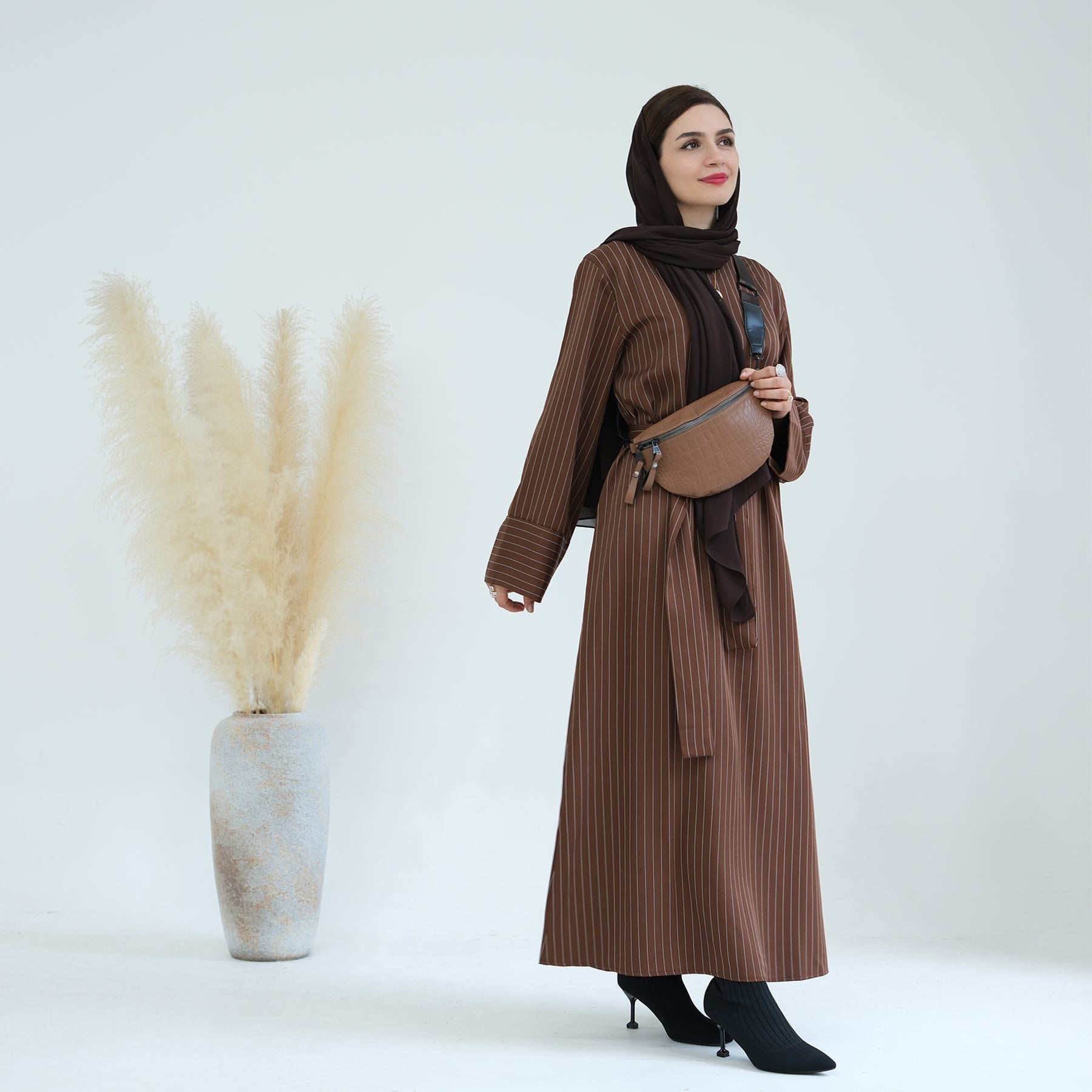 Janine Stripe Long Sleeve Belted Maxi Dress for Women - Brown Flowy Boho Dress for Beach, Wedding & Casual Outings