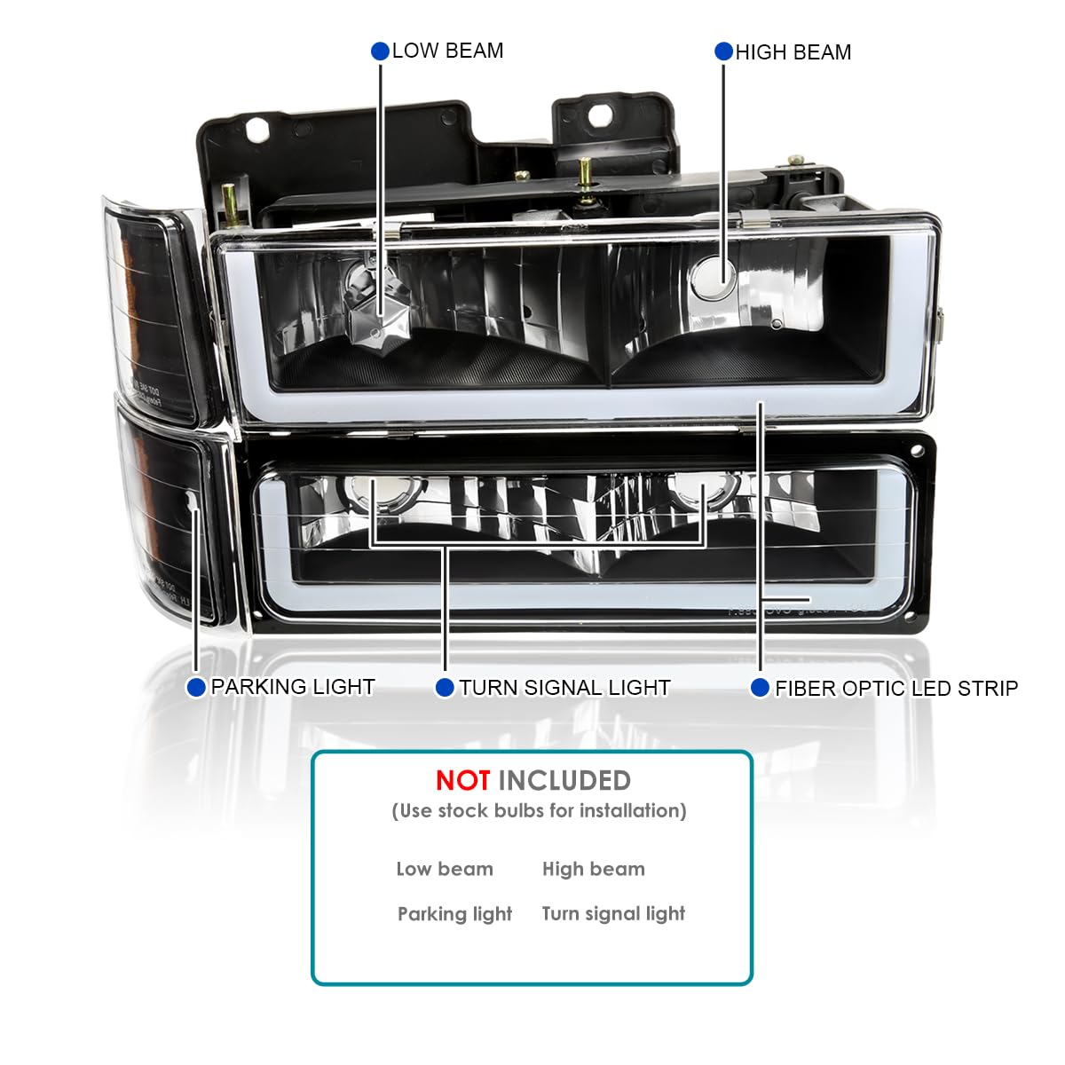 Spec-D Tuning Black LED Headlights & Bumper Lights Kit for 1994-1998 Chevy C10 C/K 1500/2500/3500 - Complete Left & Right Headlamp Assembly with Corner Lights | Perfect for Night Driving & Truck Customization