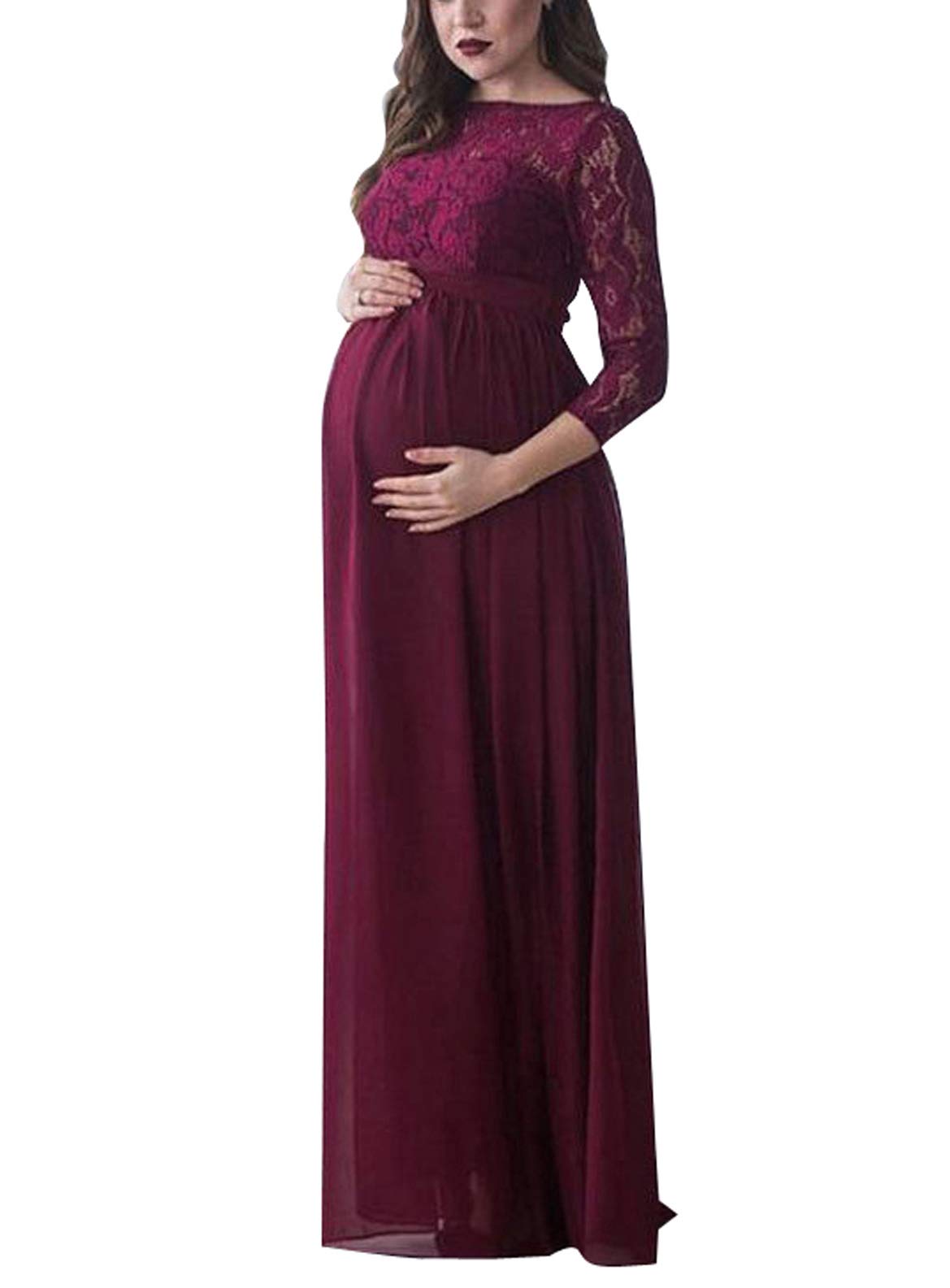 Loalirando Women's Long Maternity Dress with Lace 3/4 Sleeves - Elegant Vintage Floral Maxi Dress for Pregnancy & Photography - Perfect for Baby Showers, Maternity Photos, and Special Occasions