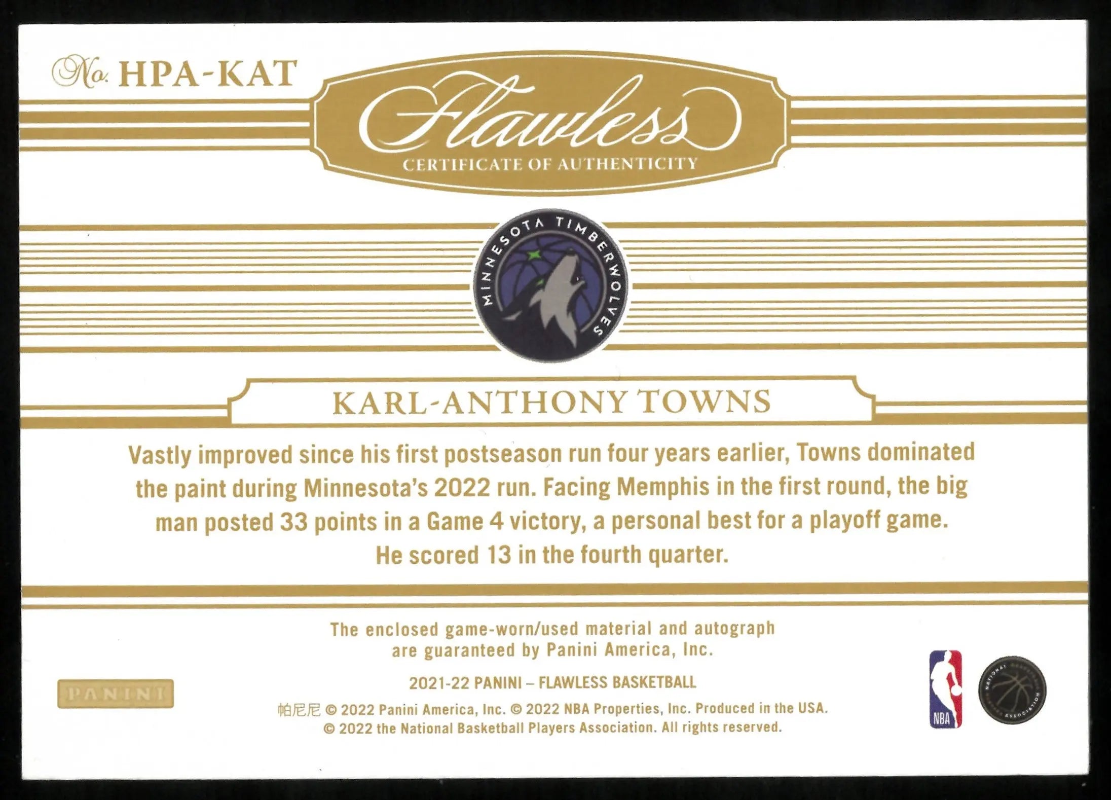 2021-22 Panini Flawless Karl-Anthony Towns Jersey Patch Autograph Card 01/25 #HPA-KAT - NBA Memorabilia for Collectors & Basketball Fans