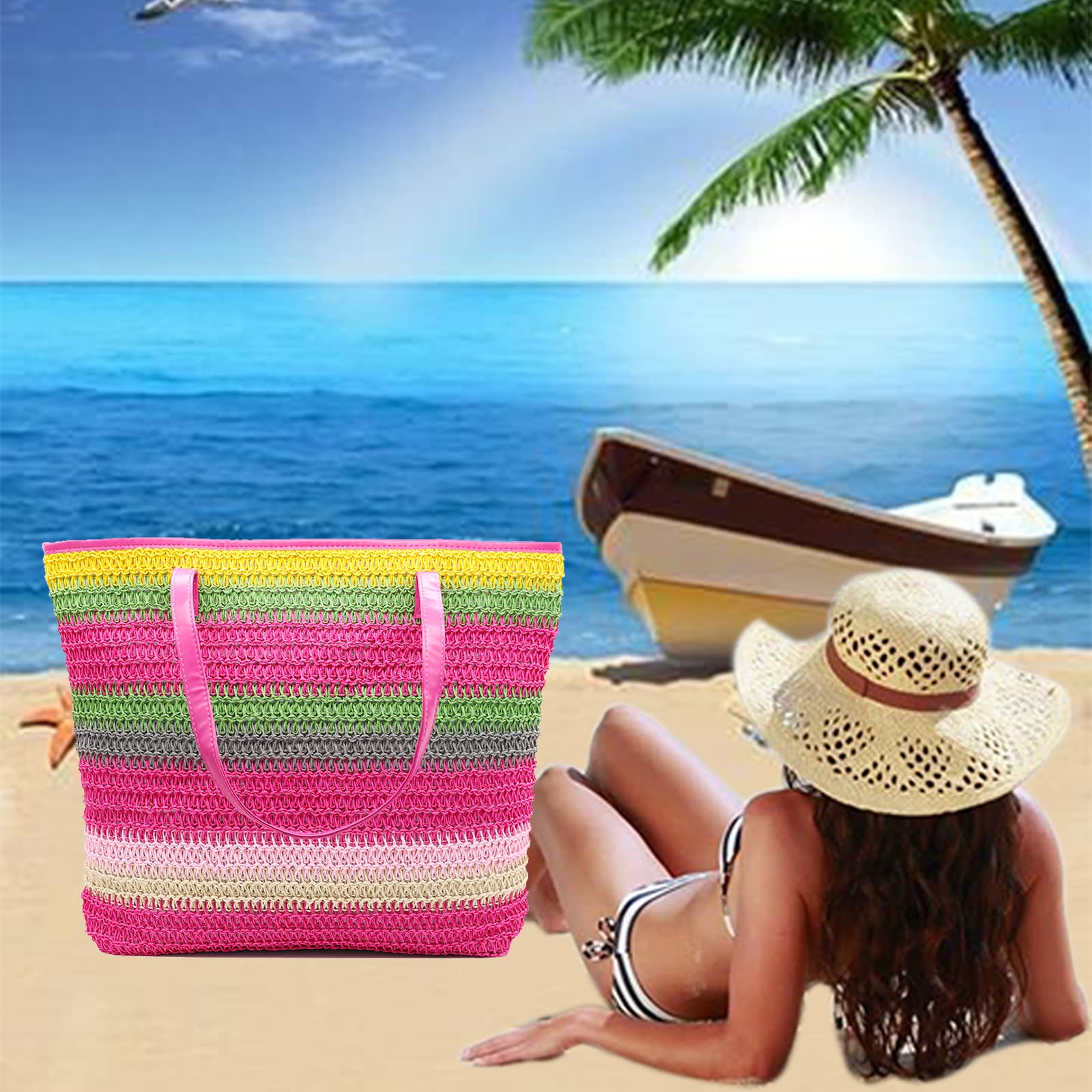 Waterproof Large Canvas Straw Beach Tote Bag for Women - Oversized Pool & Travel Shoulder Handbag - Perfect for Beach Vacations, Swimming, and Summer Outings