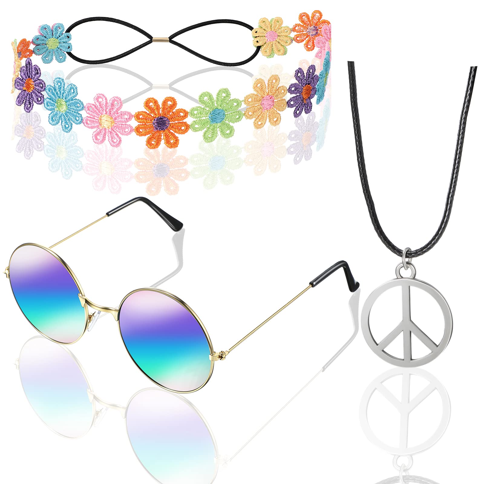 Vintage 60s 70s Hippie Costume Accessories Set for Women - Peace Sign Necklace, Bohemian Headband, Floral Hair Wreath & Round Sunglasses | Perfect for Halloween, Music Festivals, Themed Parties and Hippie Fashion