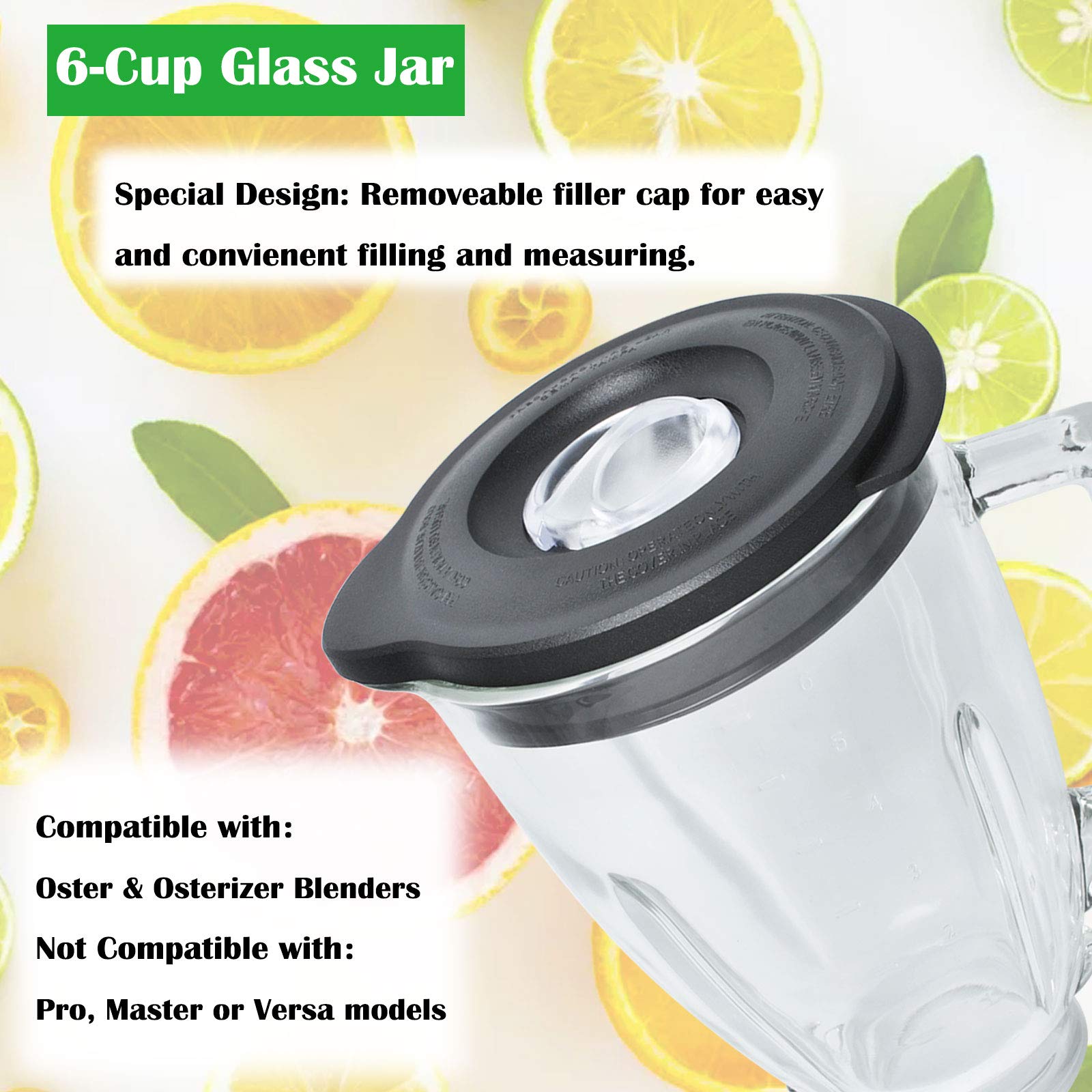 Oster Blender Replacement Parts - 6 Cup Glass Jar with Lid, 4961 4-Point Ice Crushing Blade, 4902 Base Cap & Gasket - Compatible with Oster & Osterizer Blenders - Perfect for Smoothies, Ice Crushing & Food Prep