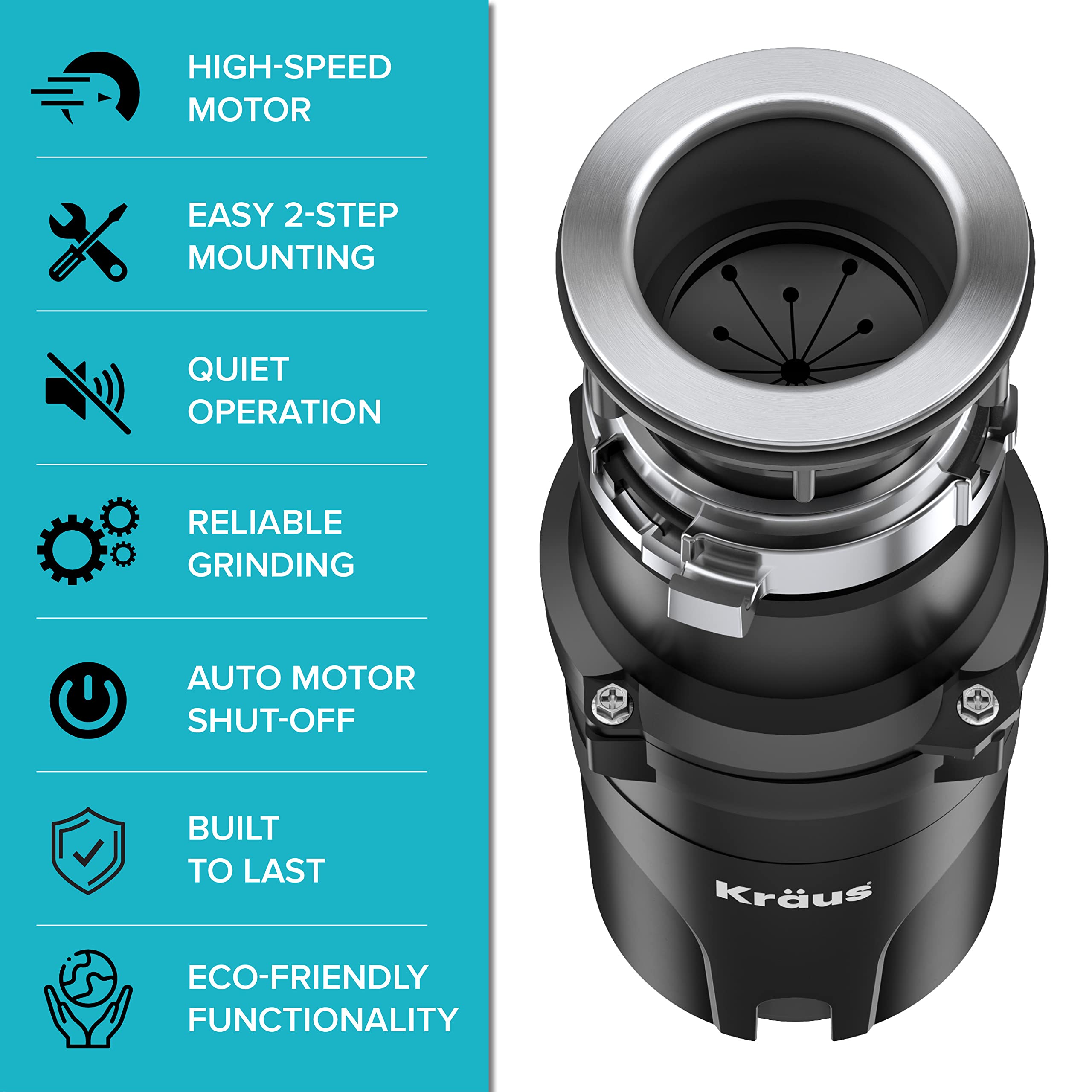 KRAUS WasteGuard 1/3 HP Continuous Feed Ultra-Quiet Garbage Disposal with Quick Connect Mount - Includes Power Cord & Flange (KWD100-33MBL) - Perfect for Kitchen Sink Waste Disposal & Food Scrap Recycling
