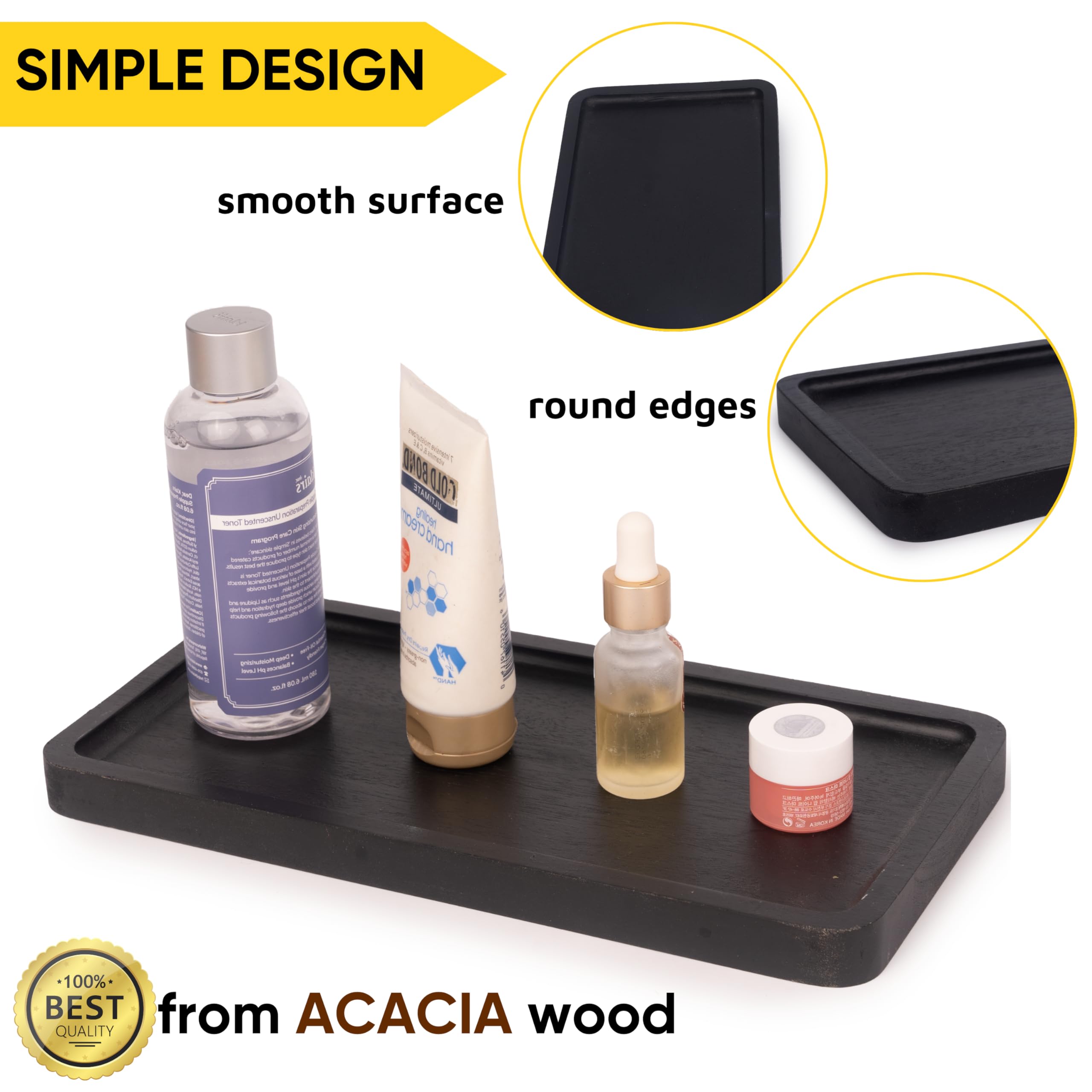 KOLWOVEN Acacia Wood Vanity Tray - 11.8 x 5.9 Inches Bathroom Organizer for Cosmetics, Jewelry, Perfume, Candles & Keys - Elegant Black Wooden Tray for Countertop, Toilet Tank, Kitchen & Bedroom Decor - Perfect for Home Organization & Gift Giving