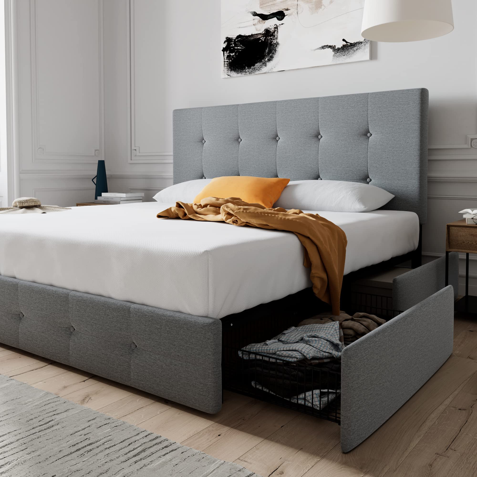 Allewie Queen Upholstered Platform Storage Bed Frame with 4 Drawers & Adjustable Headboard - Square Stitched Button Tufted Design Mattress Foundation in Light Grey | Modern Bedroom Furniture for Small Space Storage Solutions