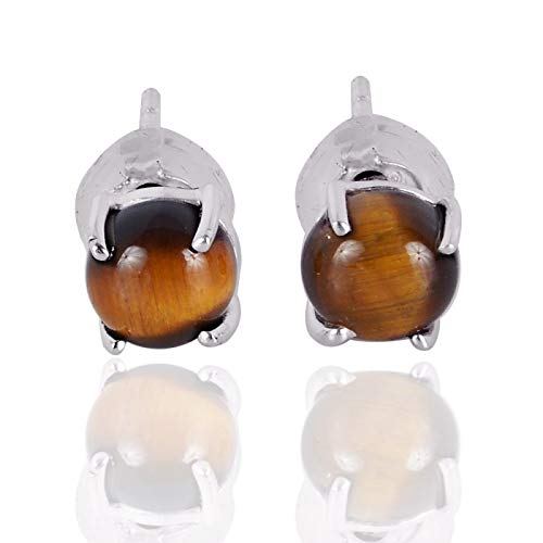 925 Sterling Silver Stud Earrings for Women - Natural Tiger Eye Gemstone, Hypoallergenic Boho Jewelry | Round Prong-Set Yellow Stone Earrings | Perfect Christmas Gift, Birthday Present & Everyday Wear