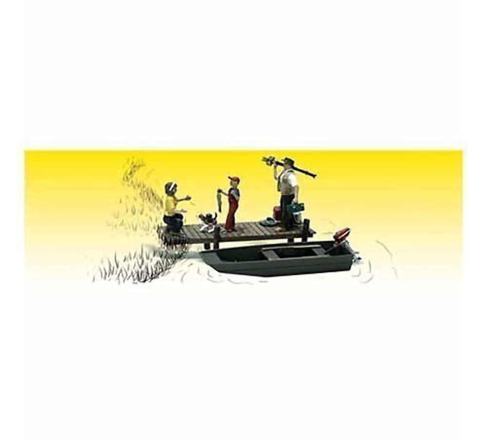 Family Fishing Set (3 Figures, Dog & Boat) - O Scale Model Train Scenery for Dioramas & Railroad Layouts - Perfect for Hobbyists & Collectors