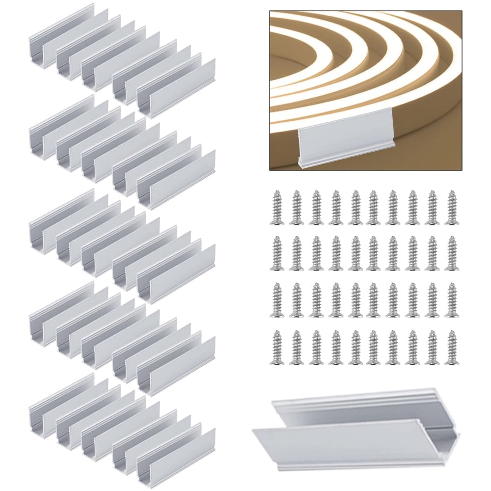 20pcs Aluminum LED Rope Light Clips for Outdoor Neon Flex Lights - 8x16mm Wall Mount Brackets with 40pcs Screws - Silver Strip Light Holders for Patio, Garden & Holiday Decorations