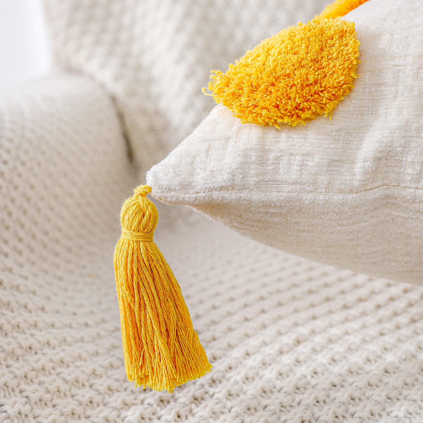 PANOD Super Soft Farmhouse Decorative Plush Throw Pillow Covers 12x20 Inch - Yellow Solid Pom Pom Tufted with Tassels, Modern Boho Lumbar Cushion Cover for Sofa, Couch & Bed - Perfect for Living Room, Bedroom & Home Decor