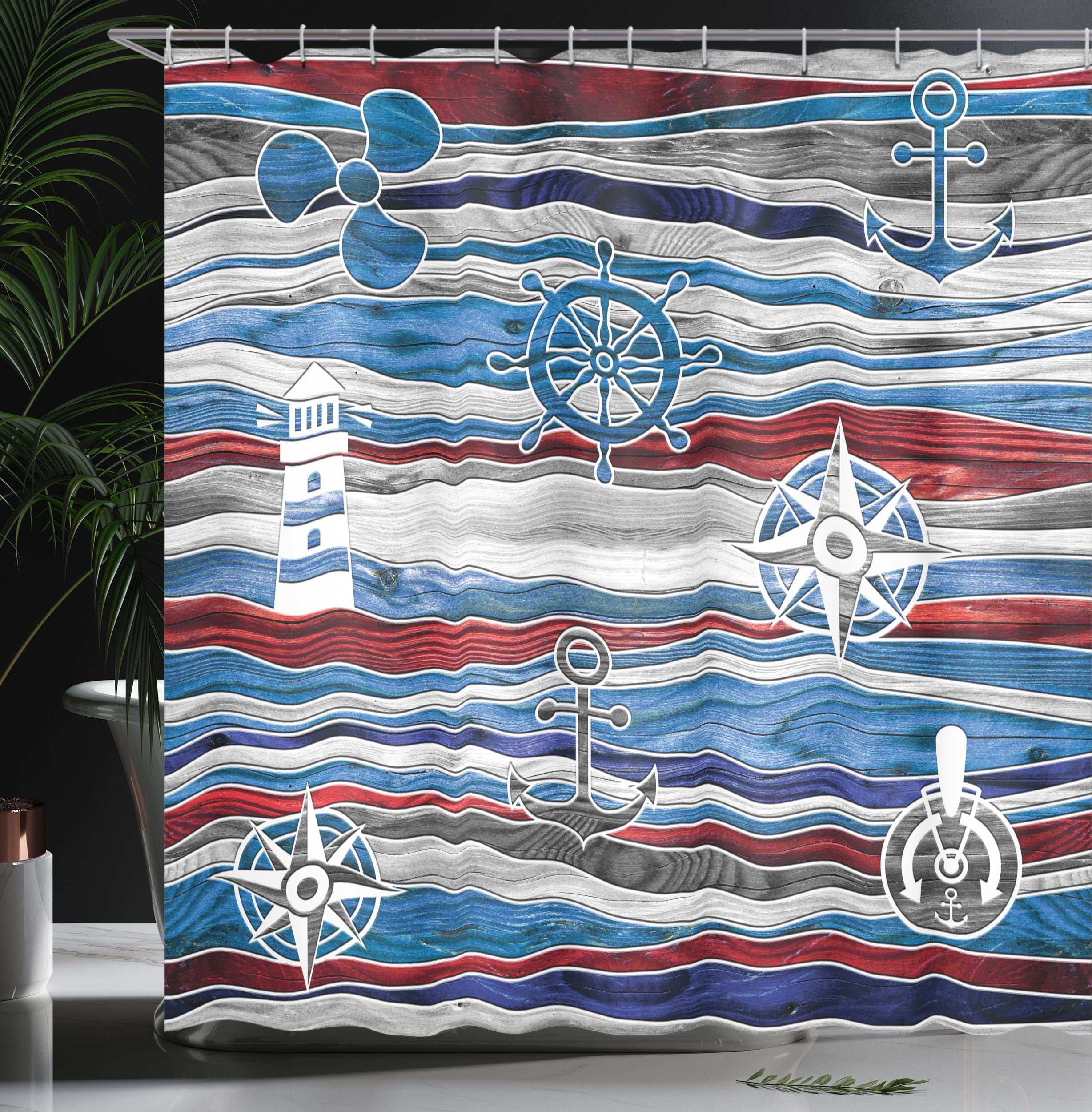 Ambesonne Nautical Anchor Shower Curtain - Boat Anchor Lighthouse & Compass Design on Ocean Waves, 69x75 Inch Waterproof Fabric Bathroom Decor with Hooks (Grey Red) - Perfect for Beach Theme Bathrooms & Coastal Home Decor