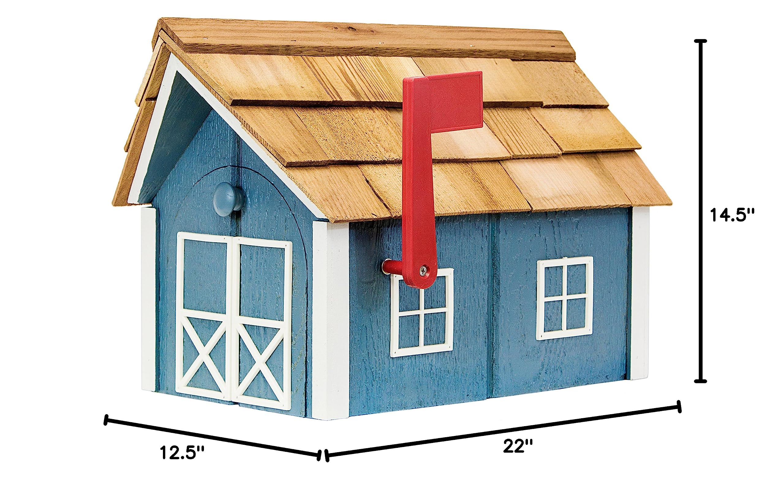 Amish-Made Deluxe Post Mount Wooden Mailbox with Cedar Shingles - Wedgewood Blue & White Trim | Rustic Farmhouse Style for Curb Appeal & Home Security