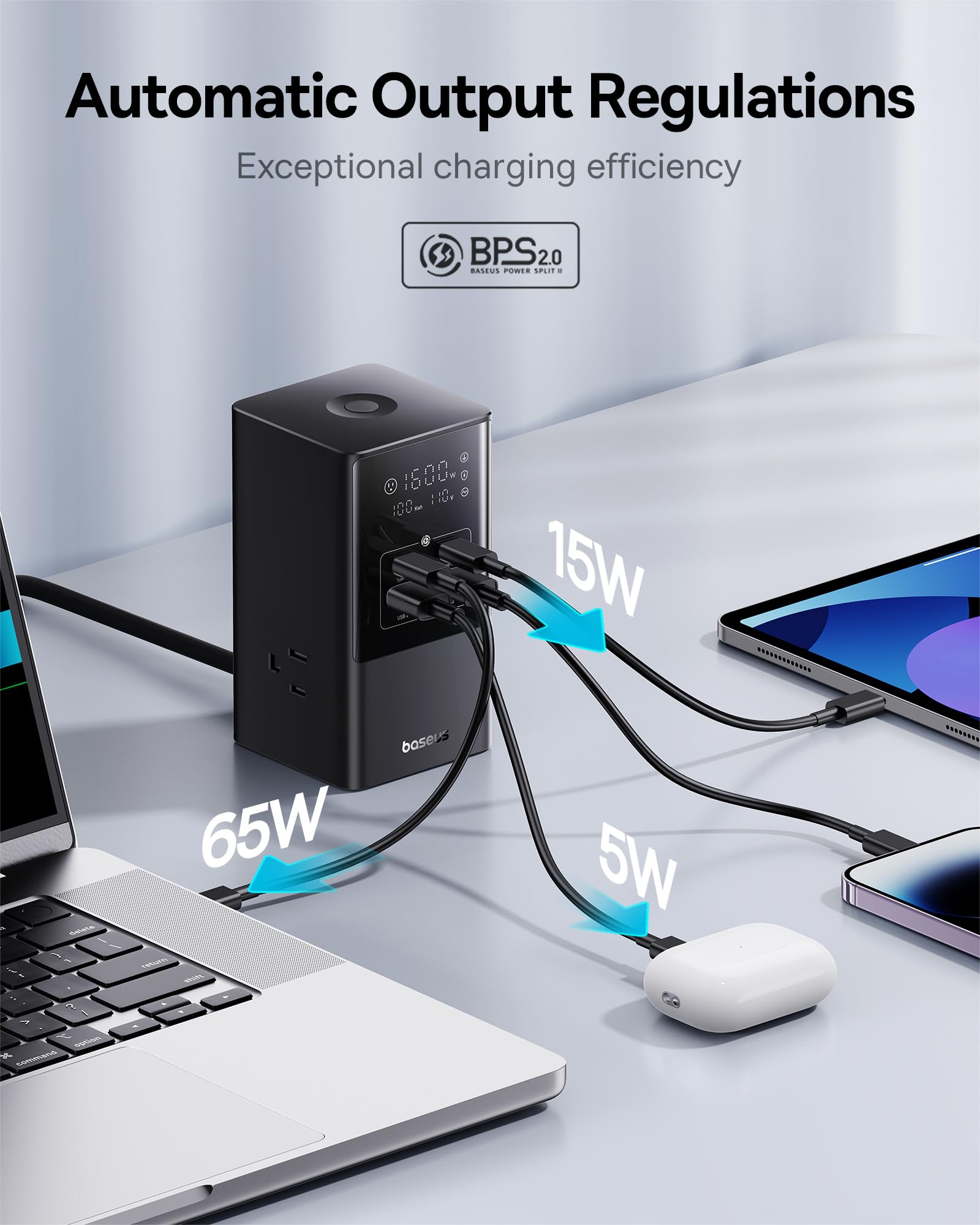 Baseus 7-in-1 USB C Charging Station 100W Fast Charging Hub with 3 AC Outlets & 2 USB-A + 2 USB-C Ports - Compact Power Strip for MacBook Pro/Air, iPad, iPhone, Samsung Galaxy - Perfect for Home Office, Dorm Room & Travel Charging Needs