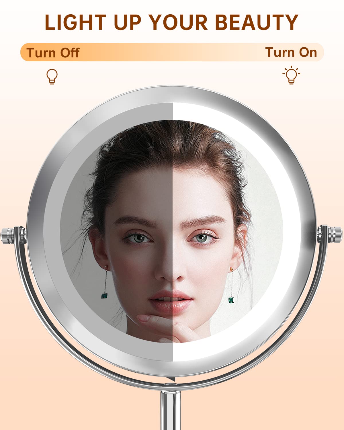10X Magnifying Makeup Mirror with LED Lights - 360° Swivel Double-Sided Vanity Mirror for Shaving & Bathroom - 7 Inch Round Battery-Operated Standing Mirror for Precise Makeup & Grooming