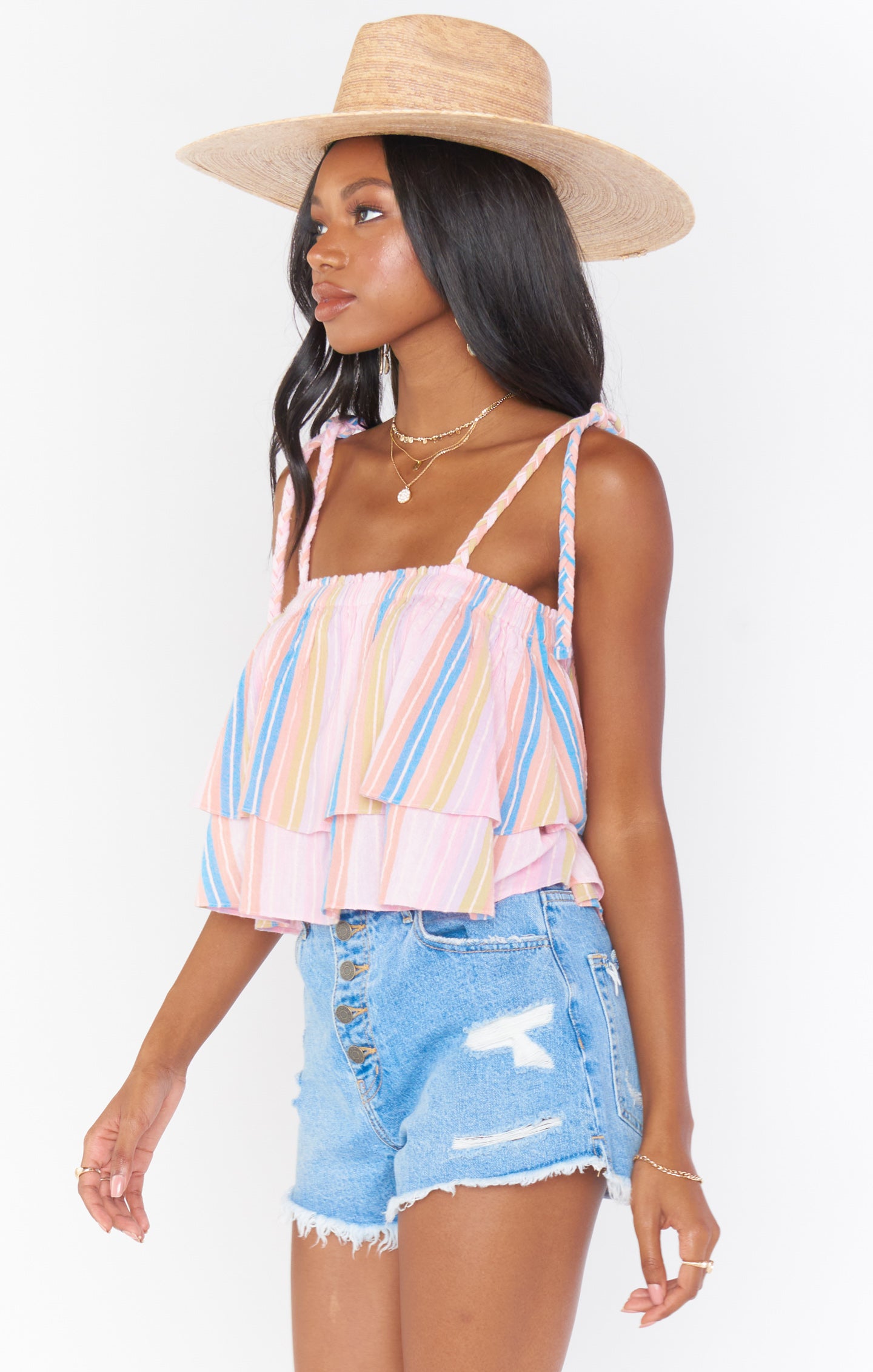 Klum Ruffle Top - Paradise Stripe Women's Blouse | Flowy Boho Chic Shirt for Summer, Beach & Vacation | Casual & Dressy Tops for Women
